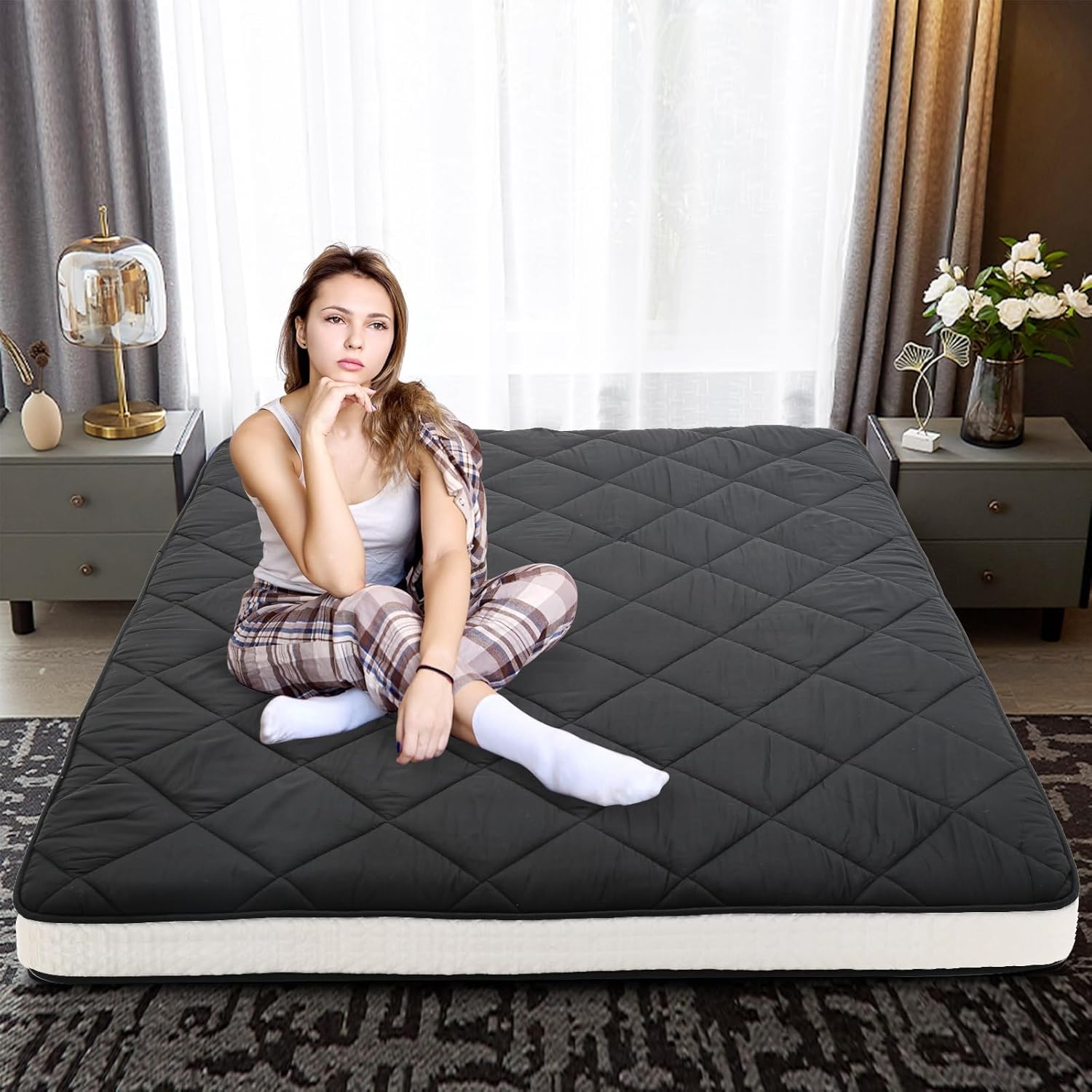 DoCred Japanese Floor Mattress, Japanese Futon Mattress Foldable Mattress, Roll Up Mattress Tatami Mat, Thick Folding Sleeping Pad Breathable Floor