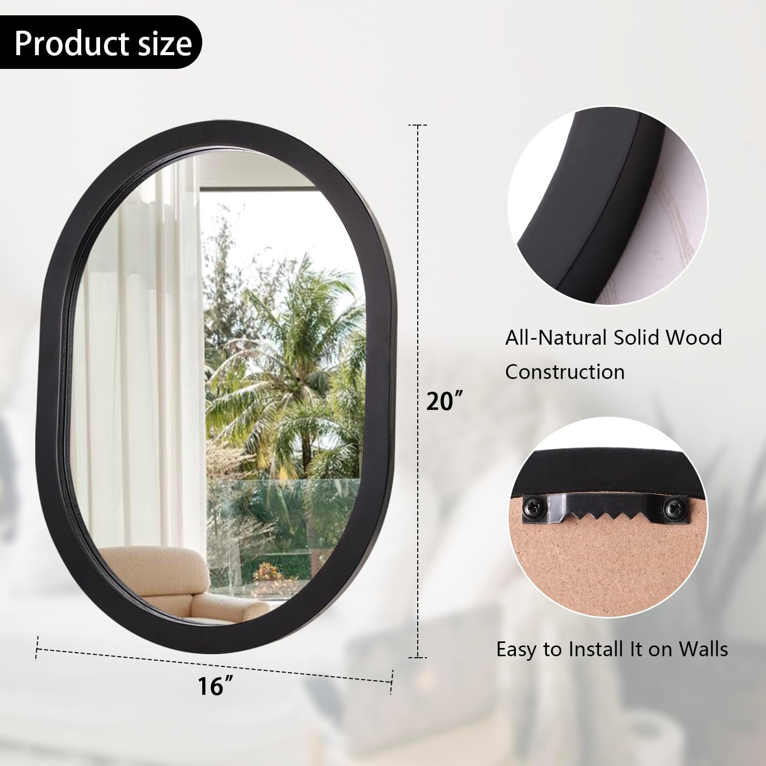 Espejo de pared ovalado negro para baño, decoración de espejo para pared, marco de madera, espejo de maquillaje para sala de estar, dormitorio,