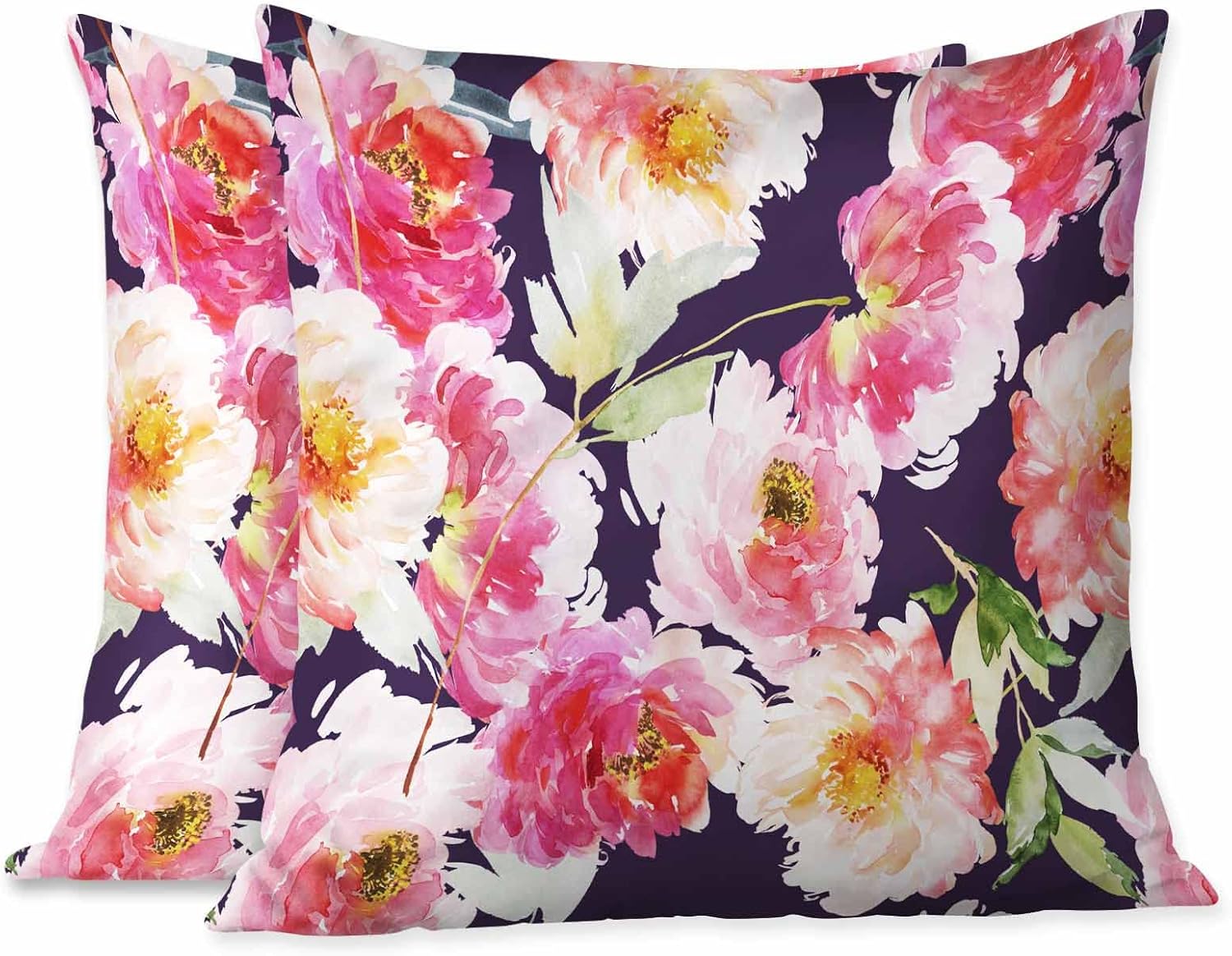 Beabes Juego de 2 fundas de cojín con flores de peonía rosa con hojas verdes en acuarela, fundas de almohada decorativas suaves y modernas de doble