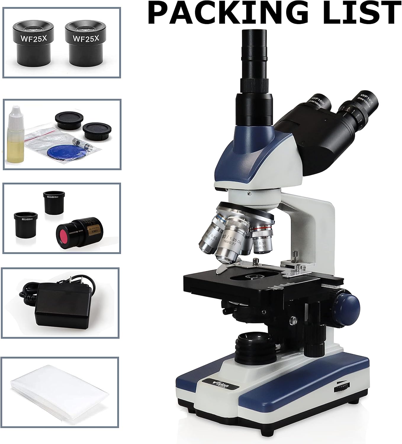 Vision Scientific Microscopio compuesto trinocular Siedentopf VS-60T-RC-DT1.3, aumento 40X-2500X, oculares WF 10X y 25X, etapa mecánica de doble