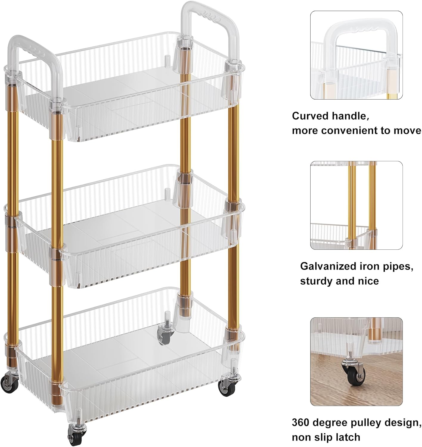 Carrito rodante de 3 niveles, carrito de maquillaje con ruedas, carrito de aperitivos, PET y carrito rodante de metal para sala de estar, cocina,