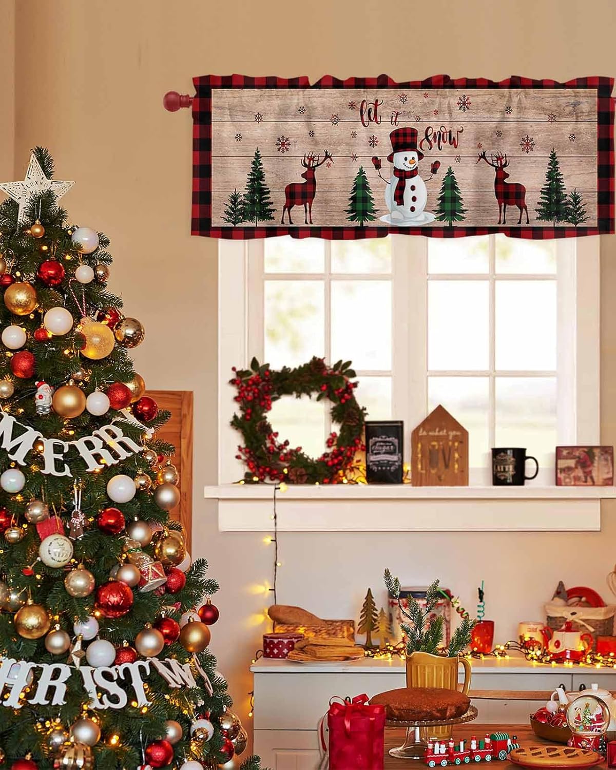 Cenefa de cortina de cocina con diseño de muñeco de nieve de Navidad, cenefa de ventana con bolsillo para barra, 1 panel de cenefas para sala de