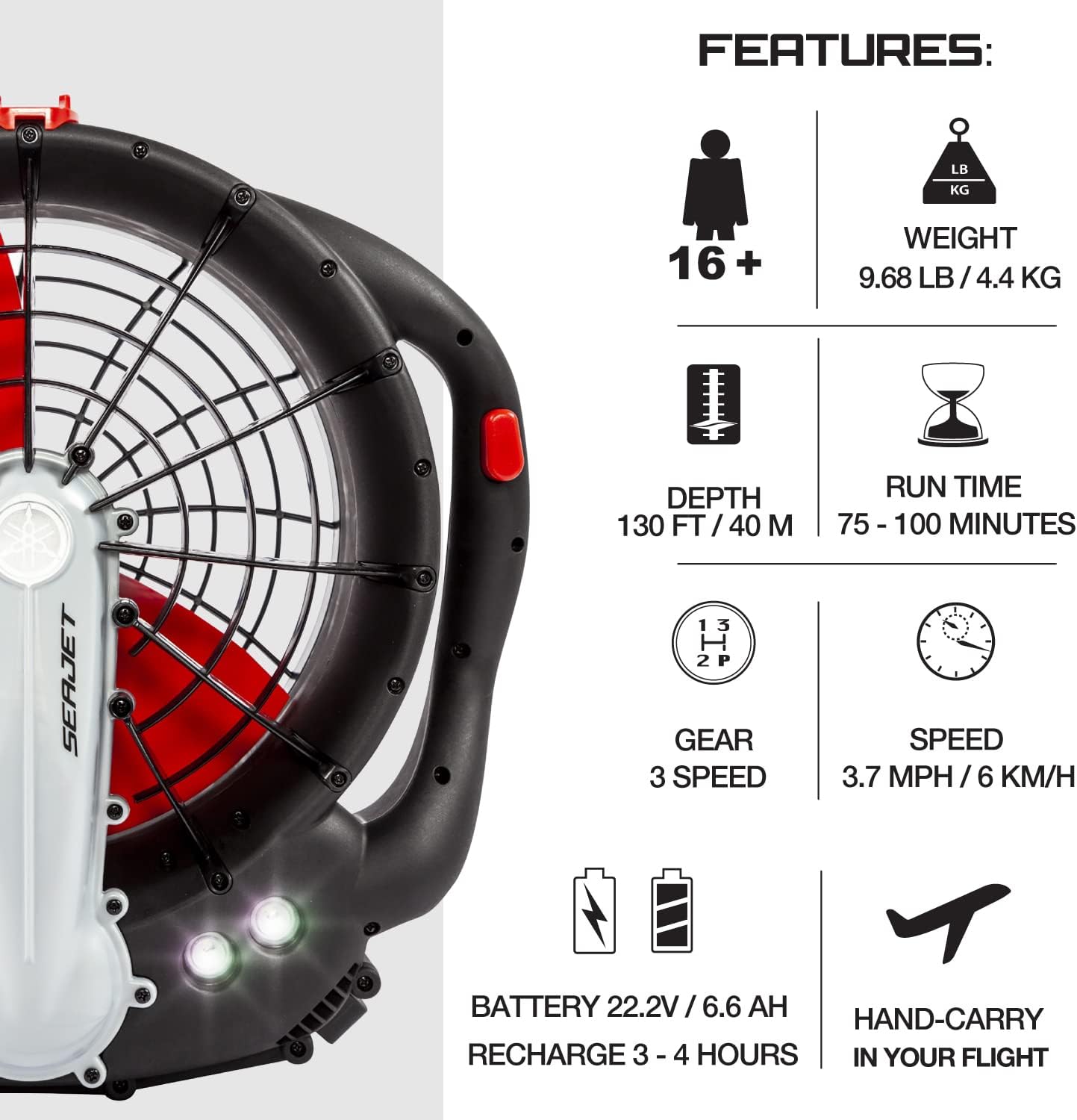 Yamaha Seascooter SeaJet – SeaScooter de buceo submarino, rotor rápido y potente con control de 3 velocidades, compacto y fácil de usar, negrorojo