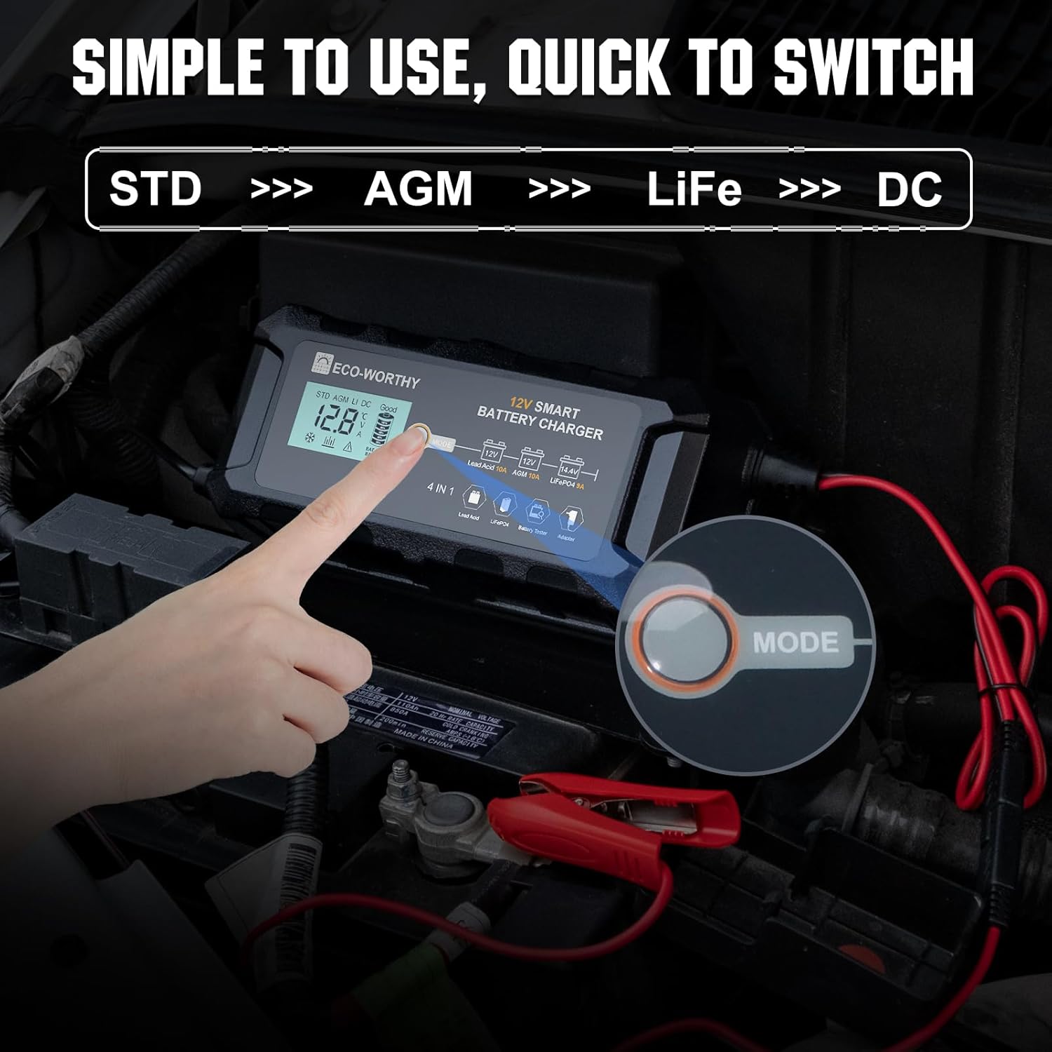 ECO-WORTHY 10-Amp 12V Smart Fully Automatic Battery Charger Maintainer Trickle Charger for Lead Acid LiFePO4 Battery Car Motorcycle Marine