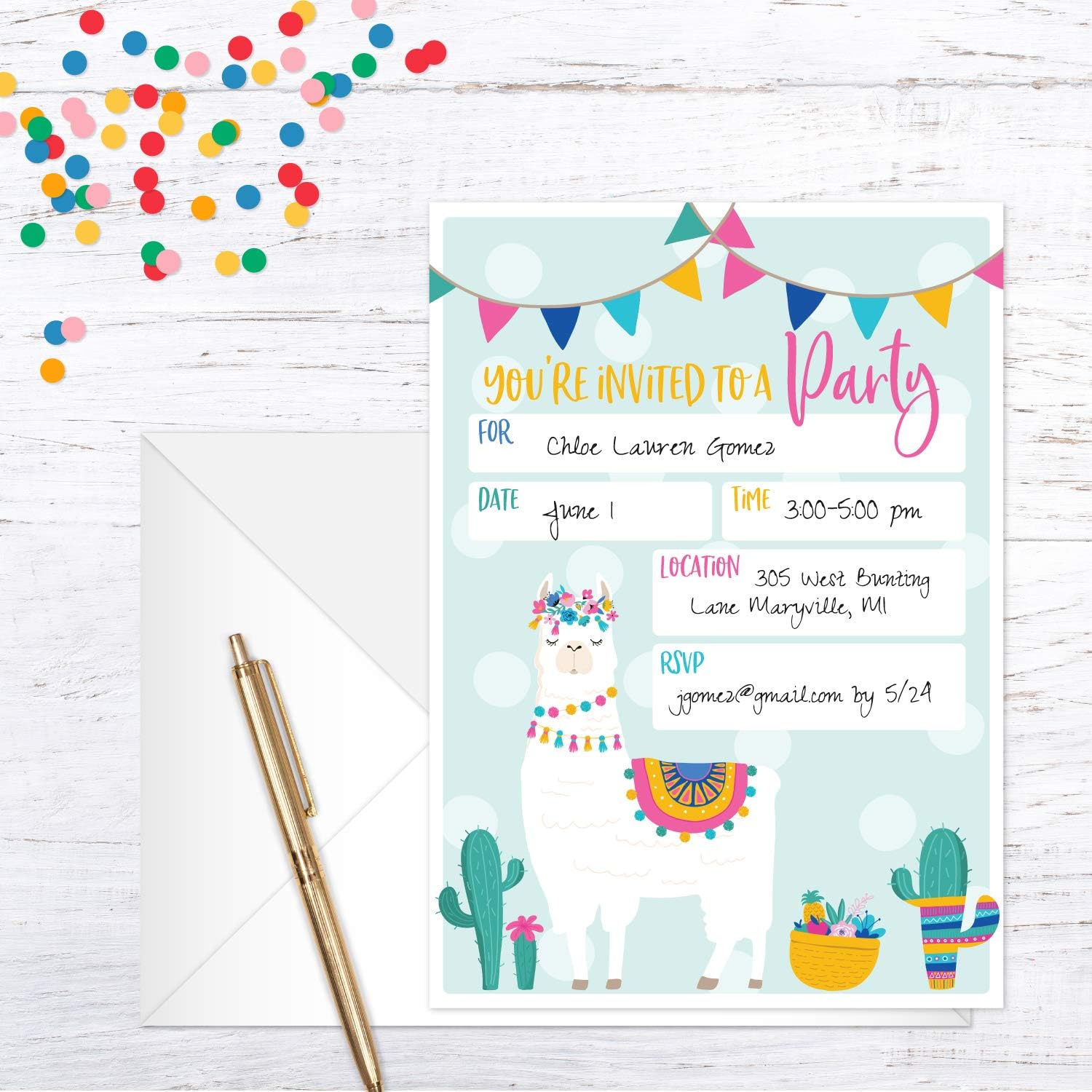 Canopy Street Invitación de fiesta de relleno de llama, 25 invitaciones y sobres de cumpleaños de fiesta de llama, invitación de alpaca plana de 5 x