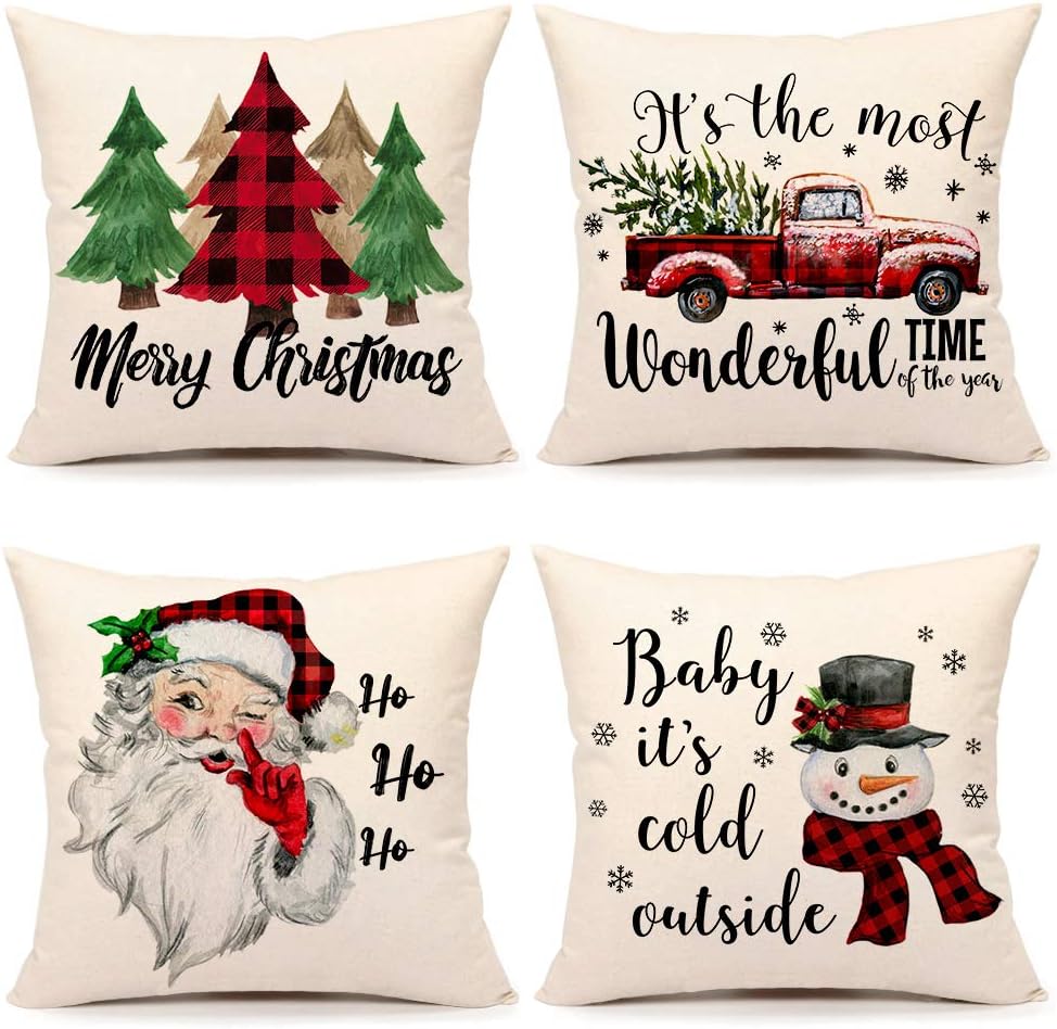 4TH Emotion Juego de 4 fundas de almohada de Navidad de 18 x 18 pulgadas, decoración navideña de granja, cuadros rojos y negros, decoración de