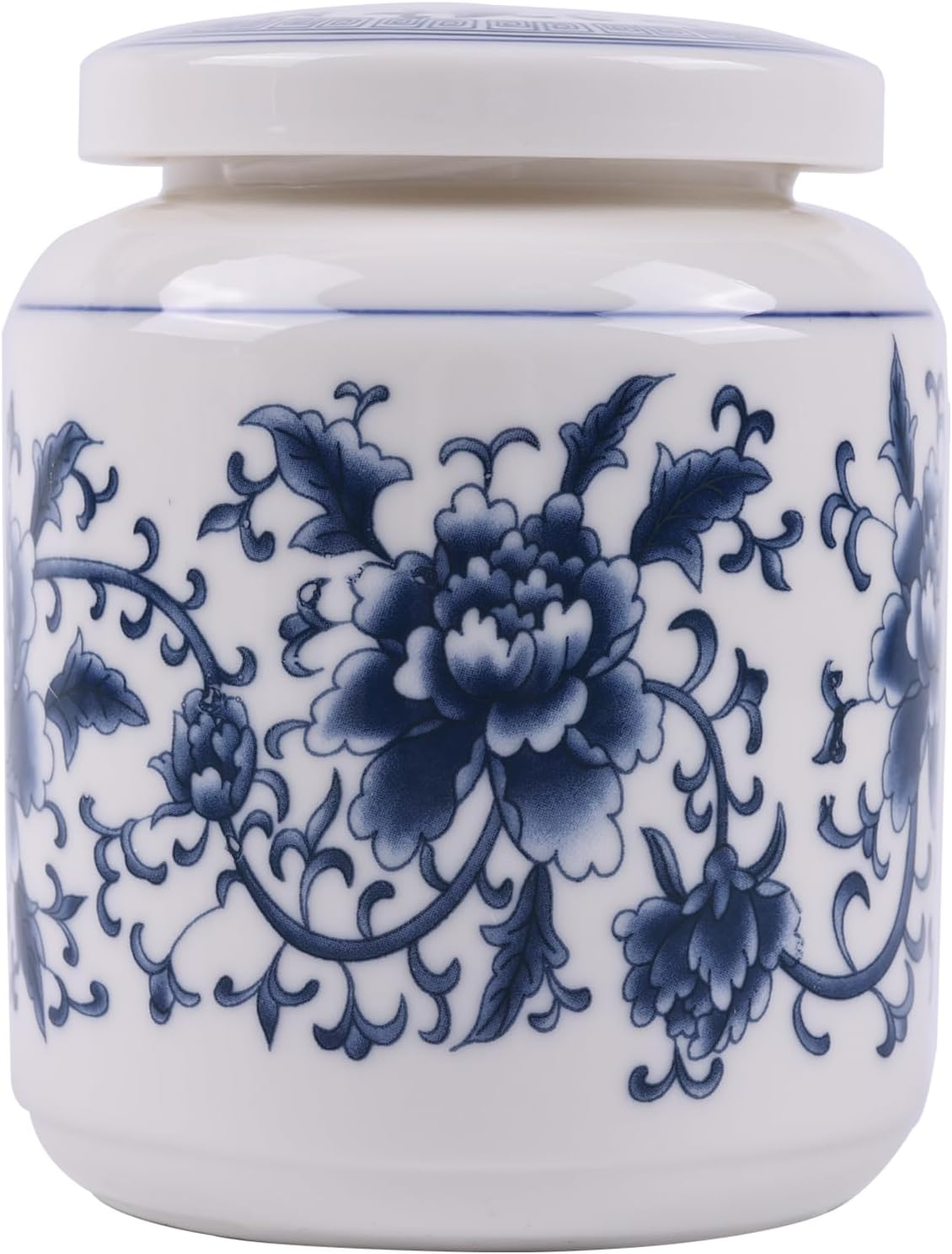 Tarro tradicional chinoiserie de jengibre de porcelana azul y blanca de 4.61 pulgadas de alto con tapa giratoria. Botes de cocina de cerámica y