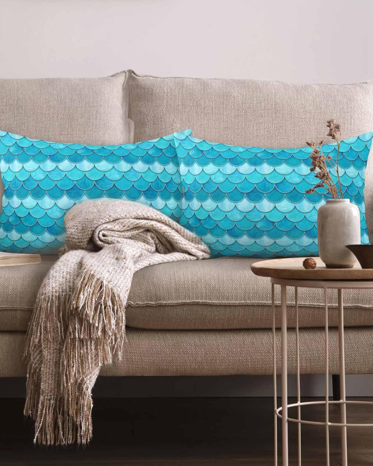 Juego de 2 fundas de almohada lumbares, fundas de almohada lumbar, color aguamarina, gardient, algodón y lino, fundas decorativas para sofá, sala de