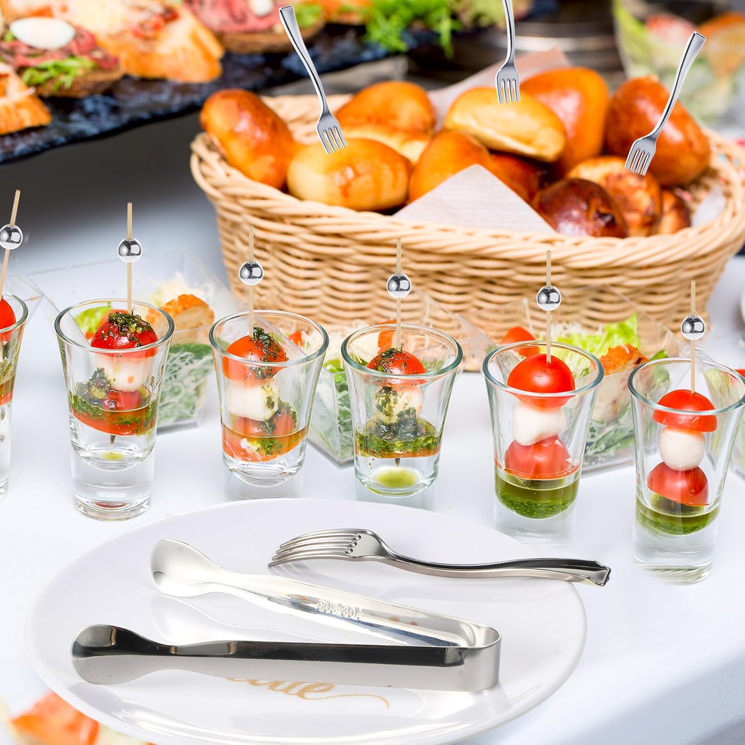 Juego de mini tenedores de cóctel y pinzas para servir para fiesta de boda, incluye pinzas, tenedores desechables para aperitivos, palillos de