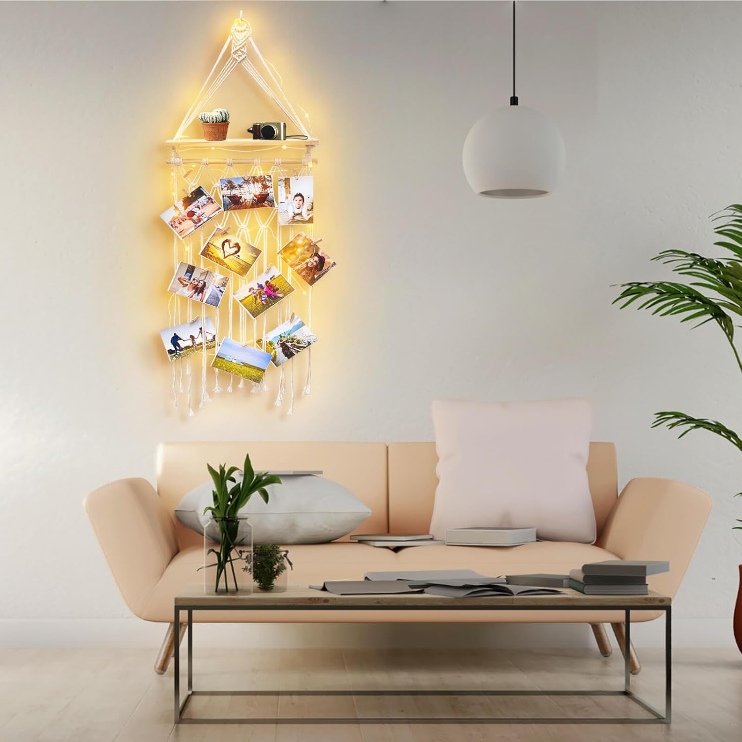 Homecor Estantes colgantes de macramé para decoración de pared, decoración bohemia de habitación, marco de fotos con 30 clips de luz, regalos de