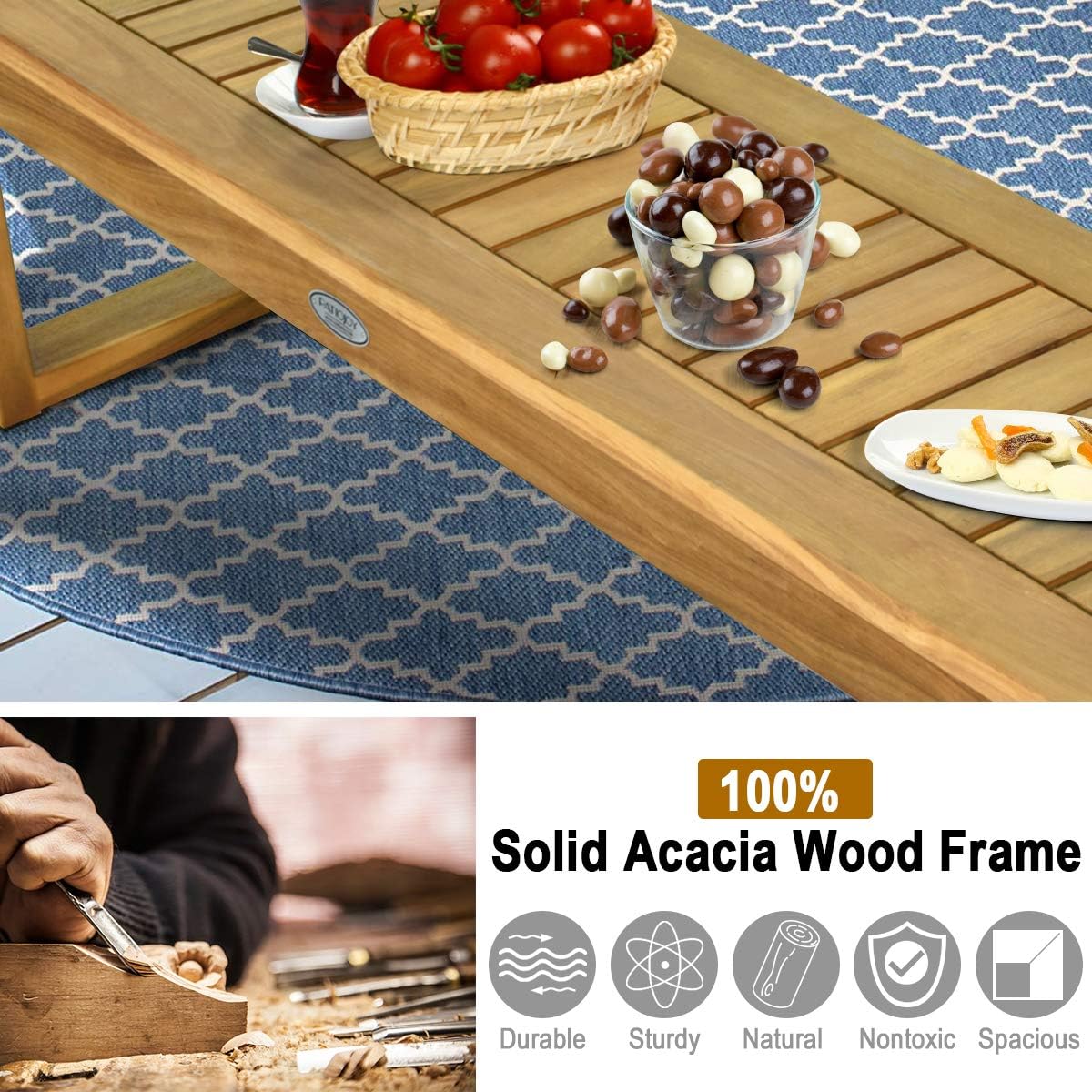 Tangkula Banco de madera de acacia de 52 pulgadas para exteriores, banco de madera para comedor, entrada, jardín junto a la piscina, banco de