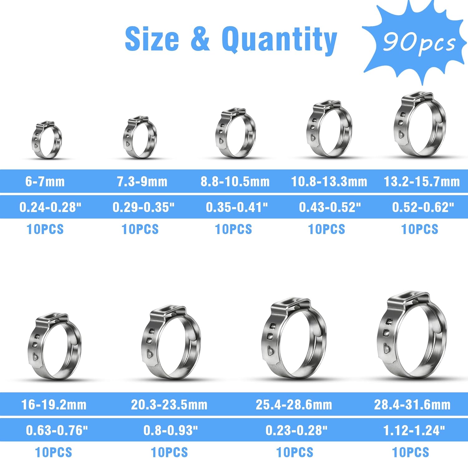 90 abrazaderas de manguera de oreja única, 9 tamaños 0.236-1.126 in 304 Stianless acero Cinch Clamp Rings Surtido Kit para conexiones de montaje de