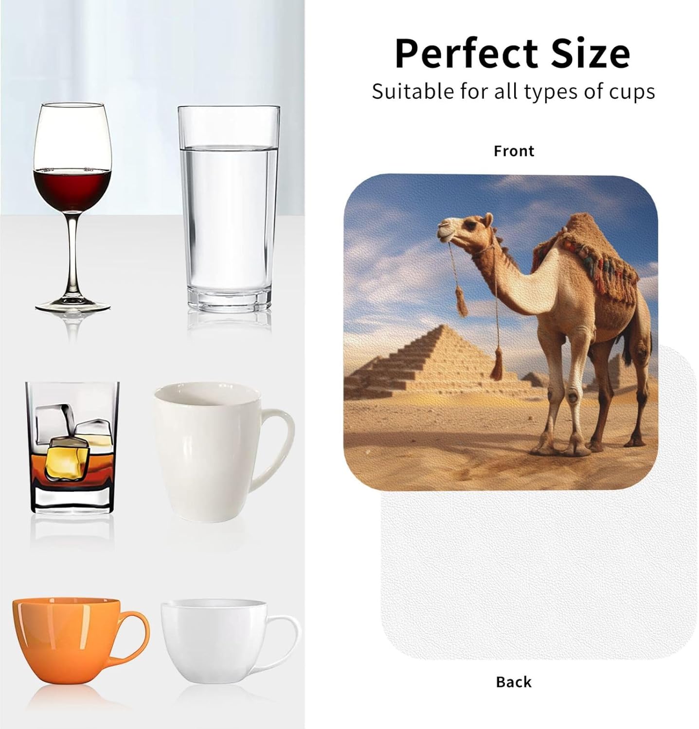 Camel Print Leather Coaster Drink Coasters Set of 4 Waterproof Funny Coaster for Drinks Round Cups Mugs Mat Pad for Kitchen Home Decor