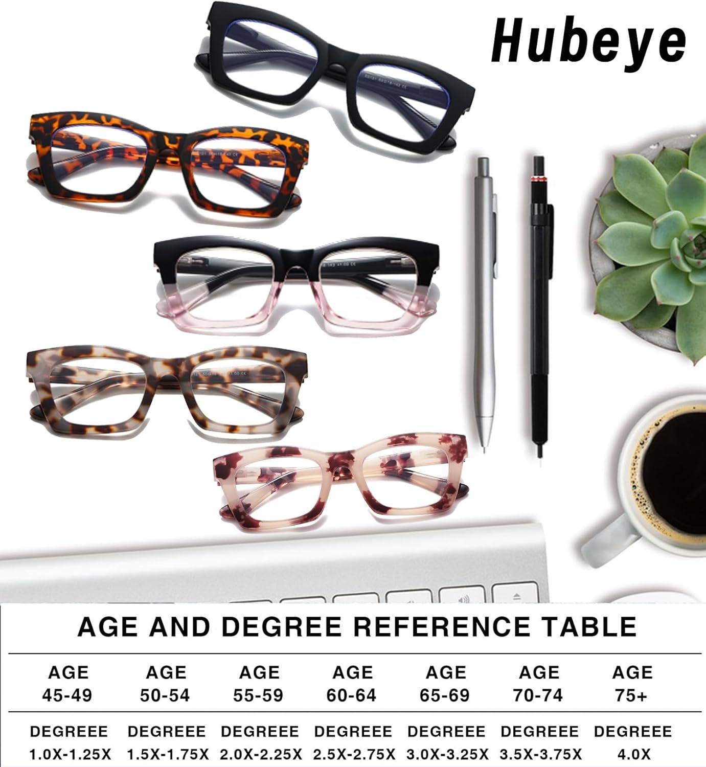 Hubeye 5 pares de anteojos de lectura cuadrados estilo Oprah para mujeres y hombres, bloqueo de luz azul, lectores de computadora con funda de cuero