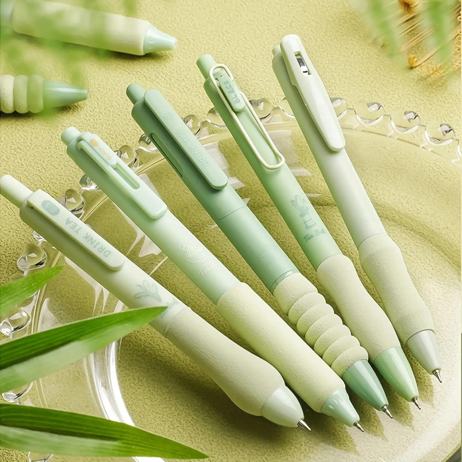 ITAWIXS Bolígrafos estéticos de tinta de gel, 5 unidades, color verde, bonitos bolígrafos retráctiles con diferentes puntas, tinta de secado rápido,