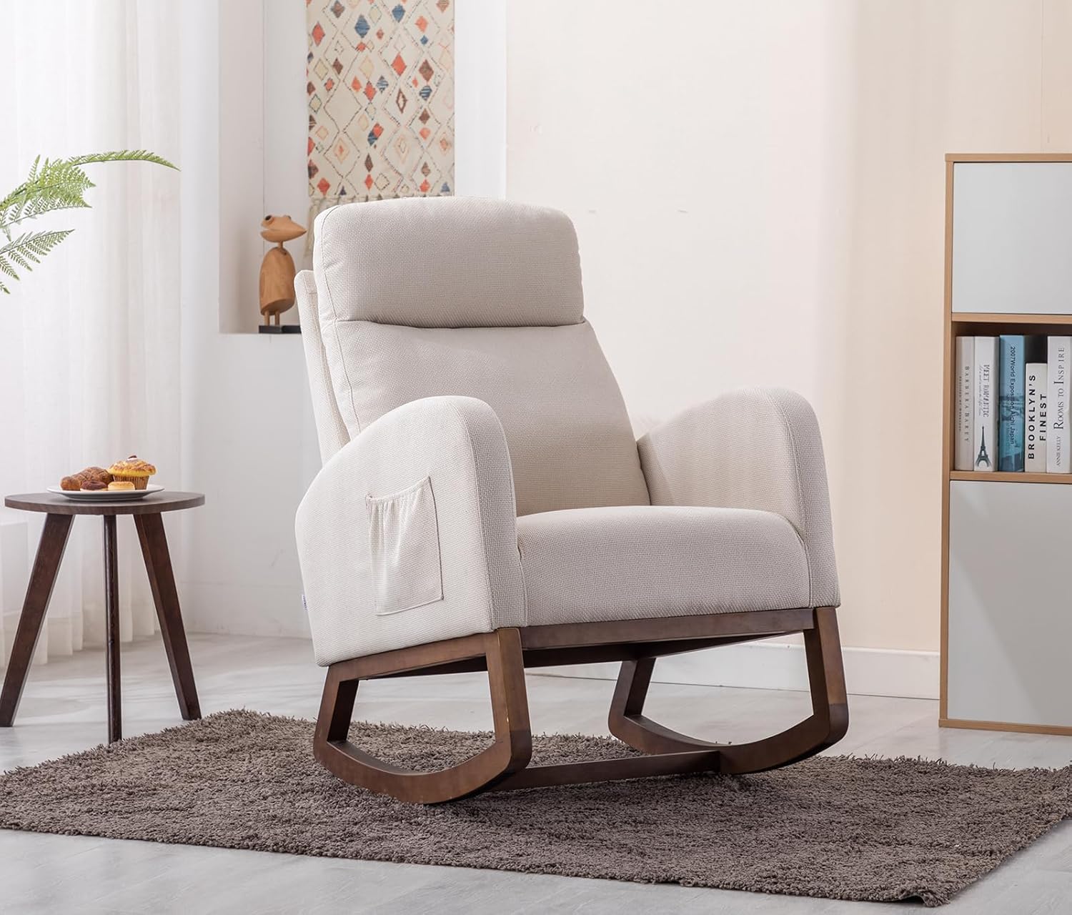 Mecedora moderna para guardería, silla mecedora tapizada con bolsillo lateral, cómoda silla de guardería con respaldo alto, sillón decorativo con