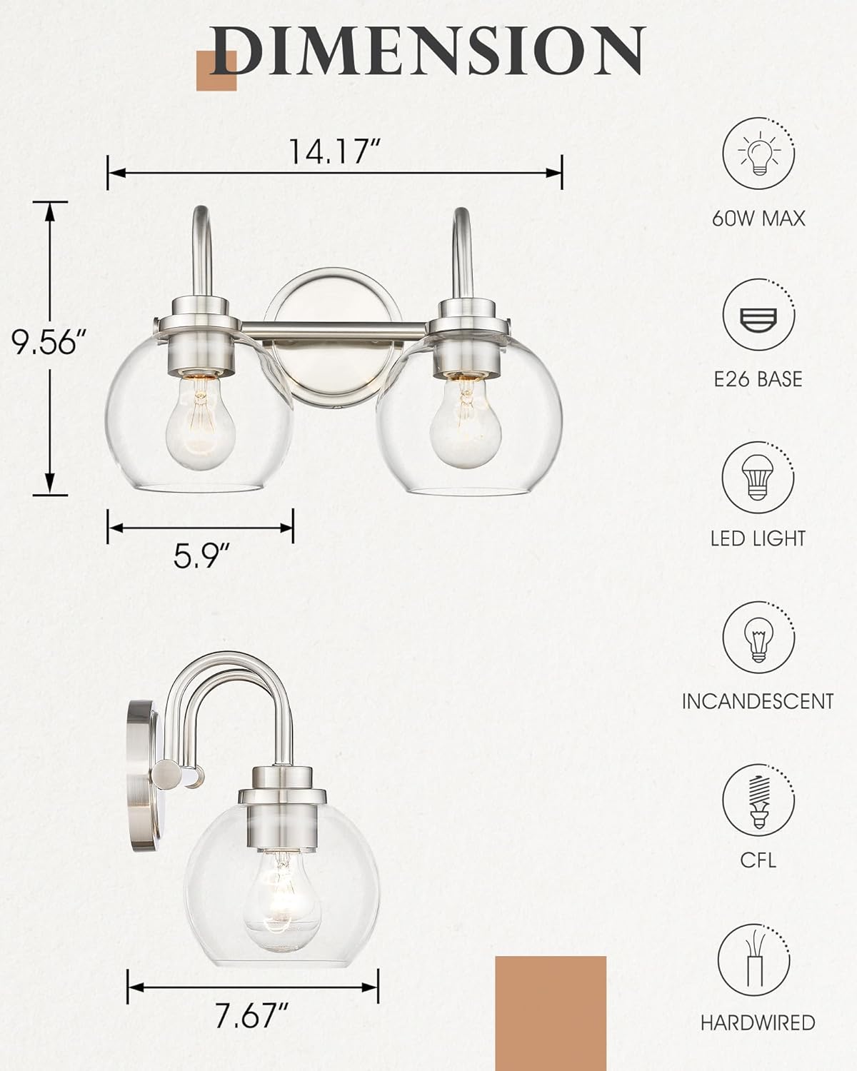 AD-22280-2W-SN – Lámpara de tocador de baño de 2 luces, níquel cepillado con pantalla de vidrio transparente, luz de tocador de baño de granja sobre