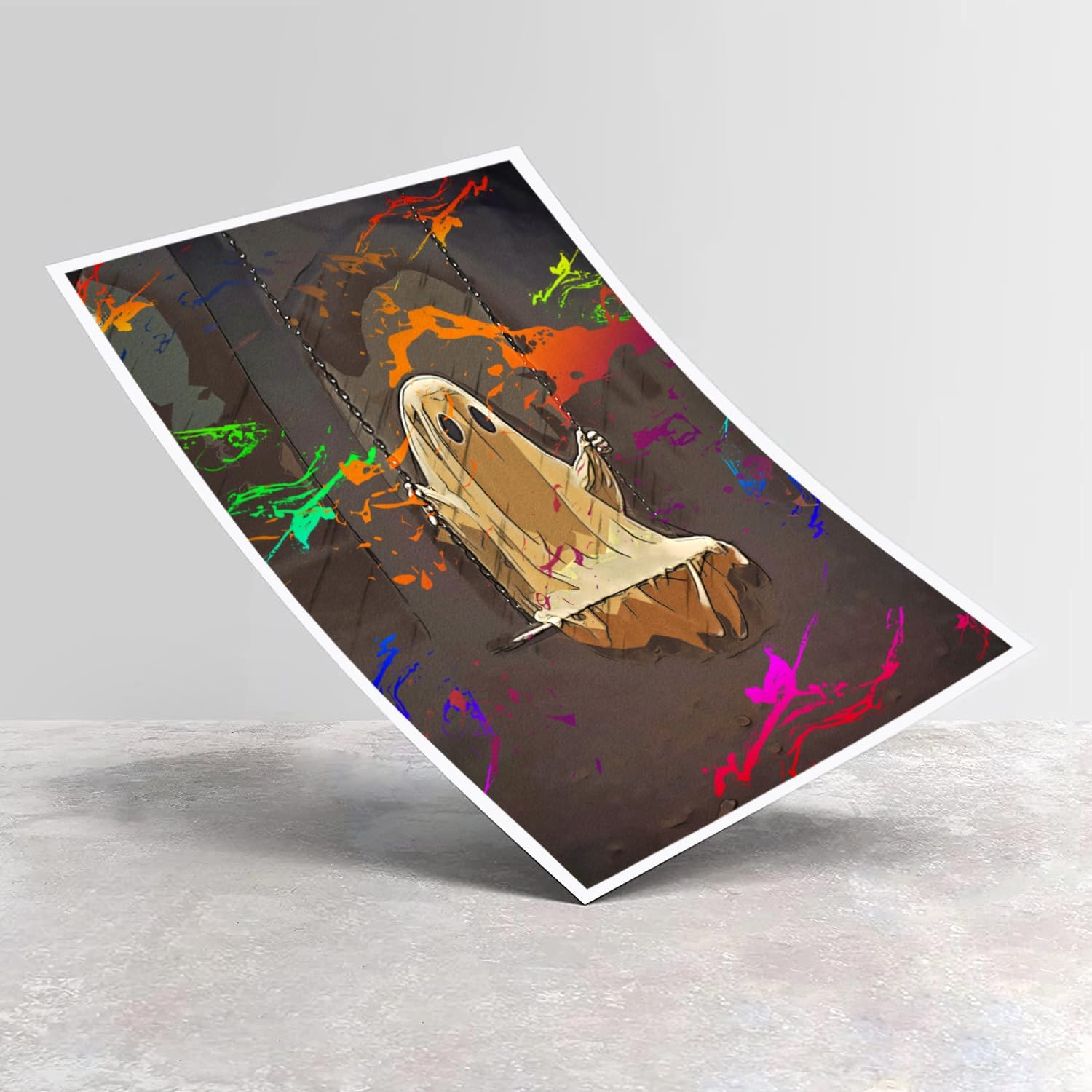 Lienzo decorativo para pared de fantasma, divertido póster de fantasma en columpio de bosque, impresión artística de Halloween (18 x 12 pulgadas,
