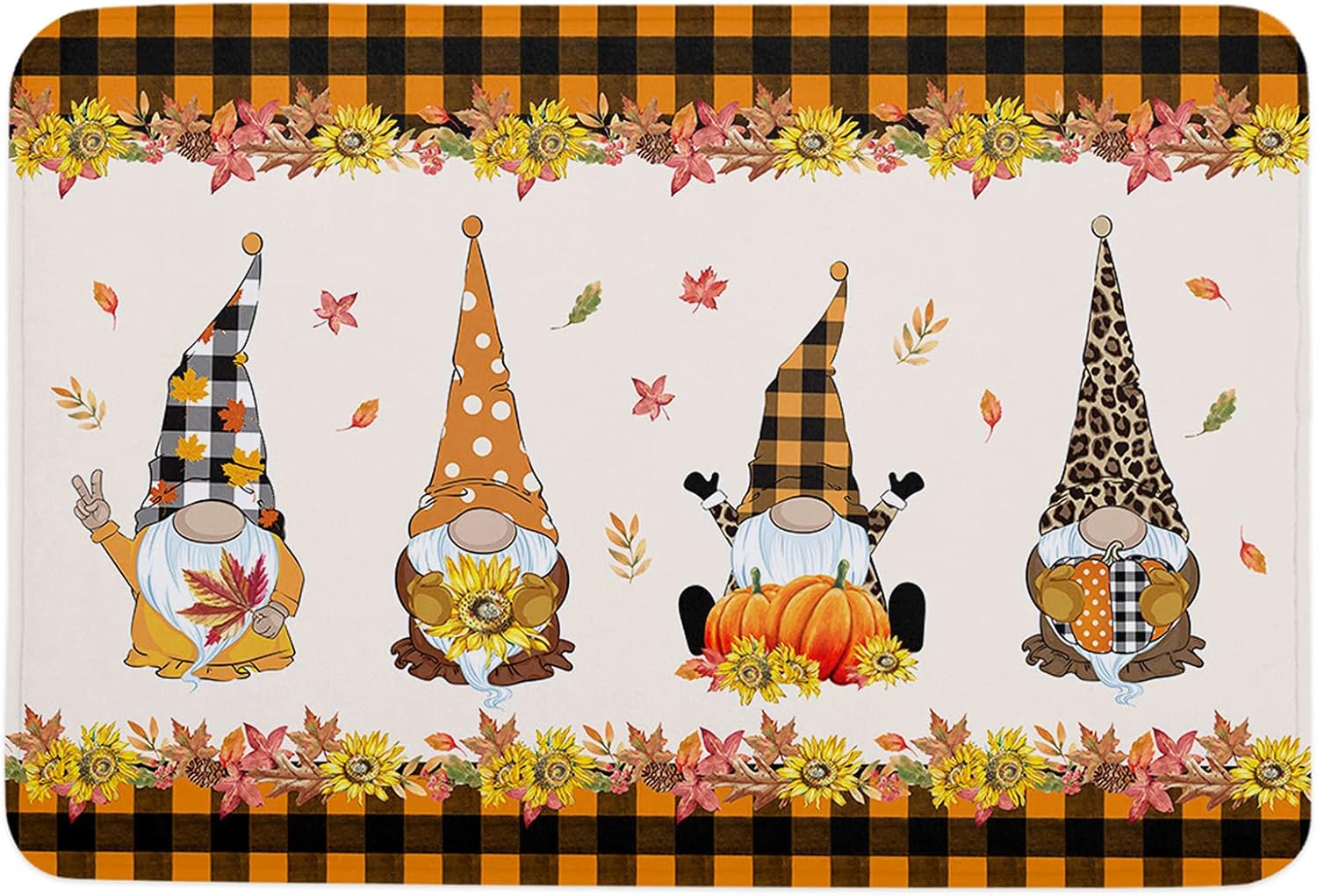 Fall Bathroom Rugs Maple Leaf Pumpkin Gnomes Fall Bath Mat Sponge Doormat, Orange Bath Mat Non Slip Washable Durable Carpet for Bathroom Kitchen,