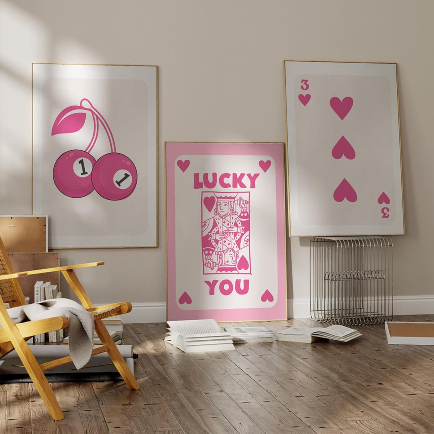 Arte de pared retro de la tarjeta de Ace de moda, póster de tarjeta de Ace rosa, arte de pared de galería, juego de 3 arte de pared de póquer