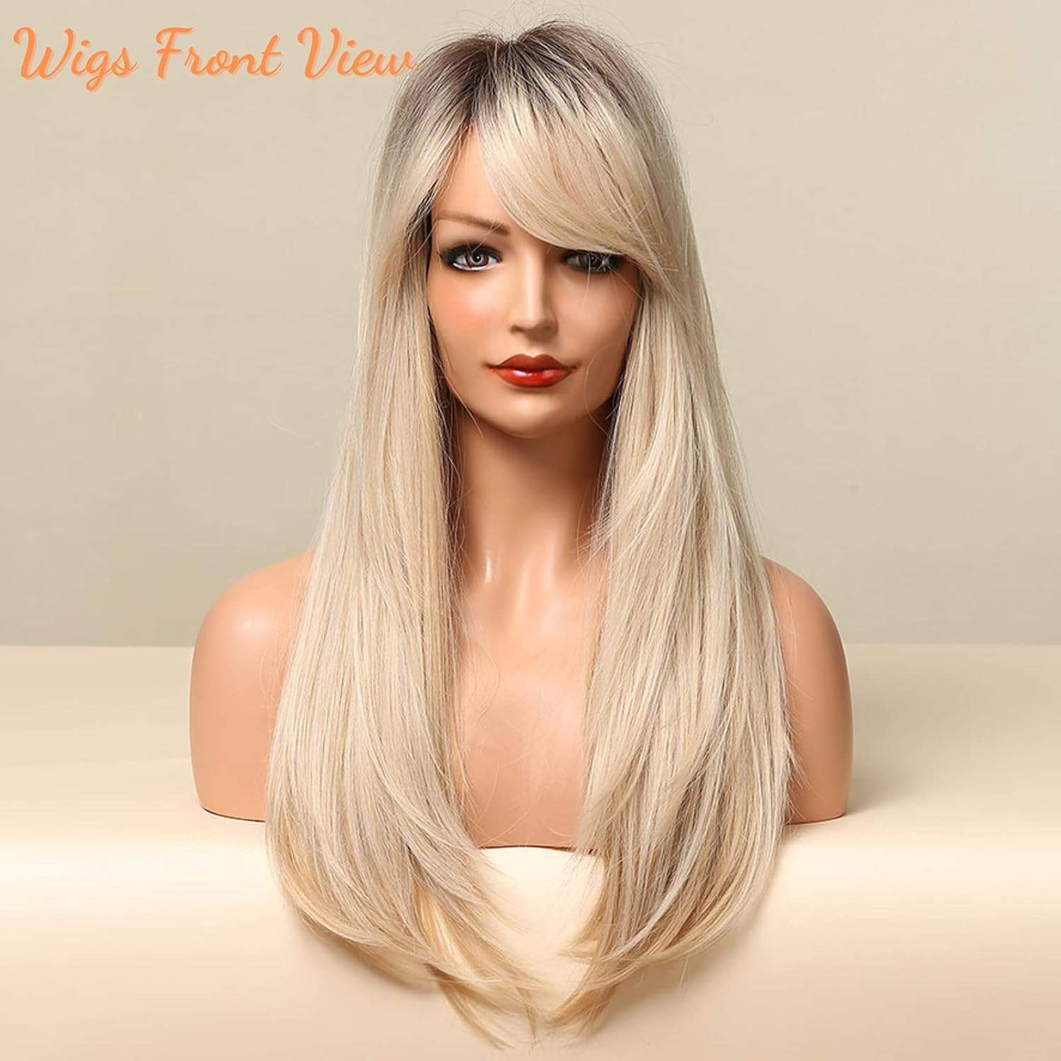 Honygebia – Peluca rubia con flequillo lateral, pelucas largas y lacias para mujeres blancas, pelo sintético color rubio oscuro ombré, resistentes