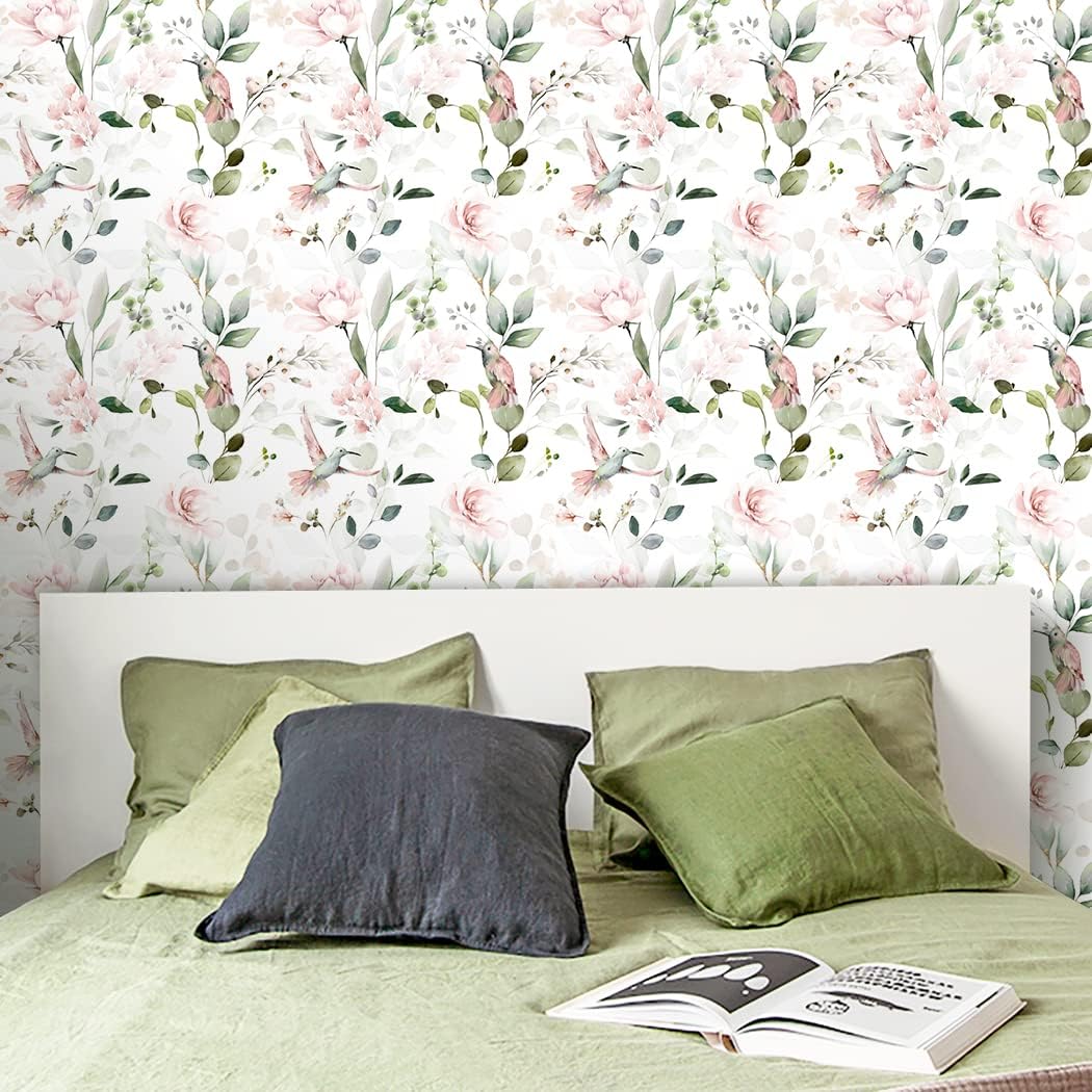 Meihodan Papel tapiz autoadhesivo vintage con peonía rosa, diseño de flores, pájaros, papel tapiz extraíble, para cubrir la pared, cajón de estante