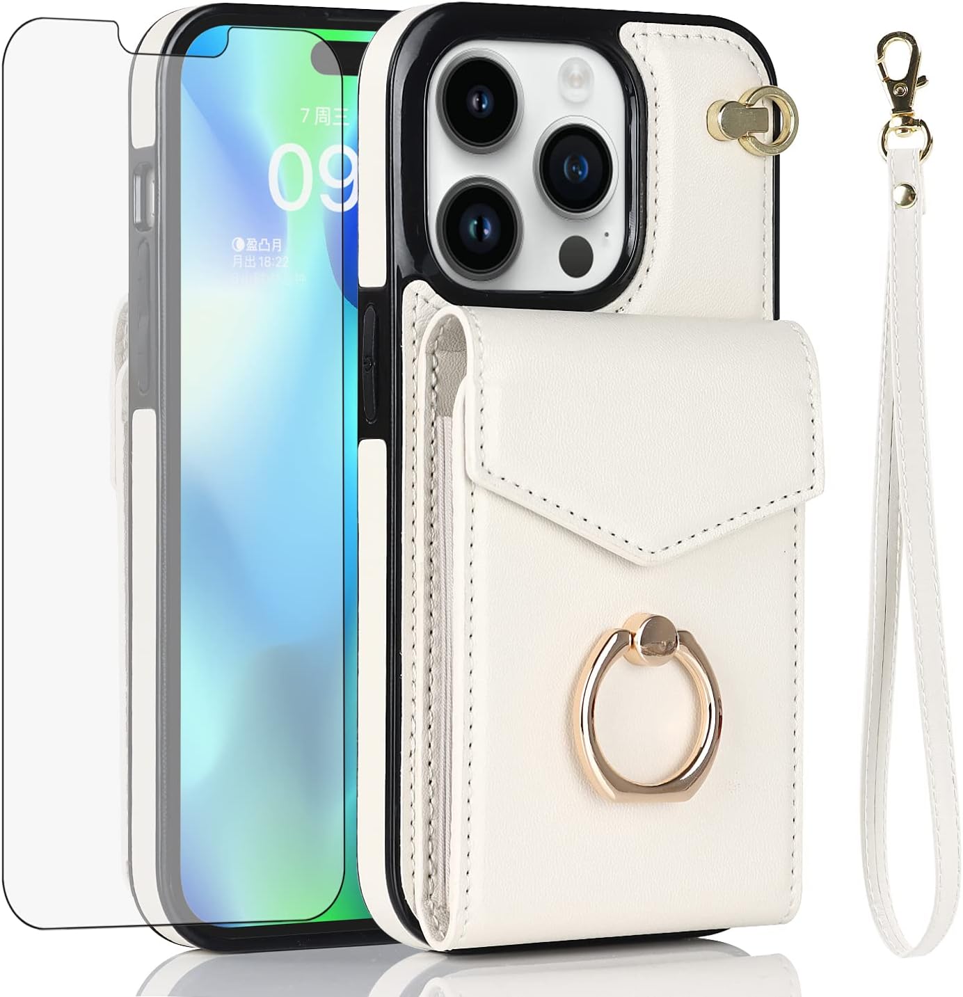 Asuwish Funda tipo cartera compatible con iPhone 15 Pro Max de 6.7 pulgadas, protector de pantalla y anillo de bloqueo RFID, funda para teléfono