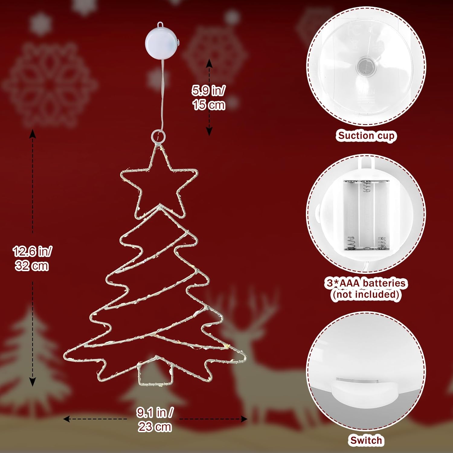 DANLI Decoraciones de Navidad para ventana, marco de hierro, luces de árbol de Navidad con ventosa, temporizador, funciona con pilas, luces de
