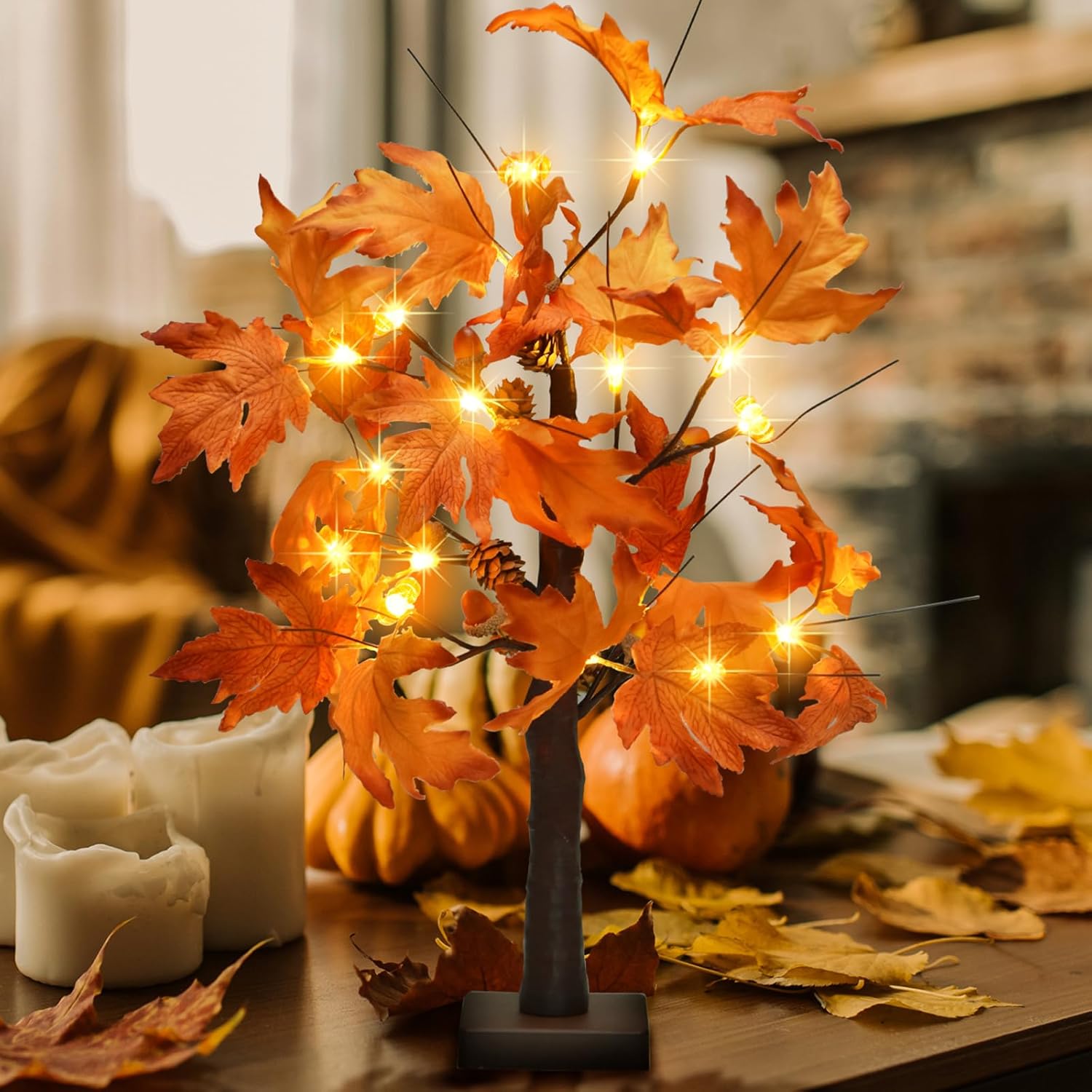Árbol de arce iluminado de 22 pulgadas, decoración de árbol de Acción de Gracias con 6 bellotas y calabazas y piñas, decoración de otoño con 18