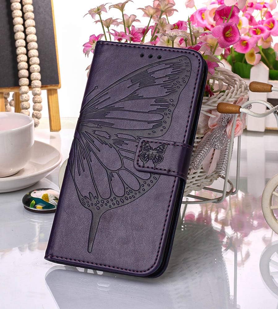 Funda A51 para Samsung A51, función atril, correa de muñeca, ranuras para tarjetero, diseño floral de mariposa en relieve, funda protectora de piel