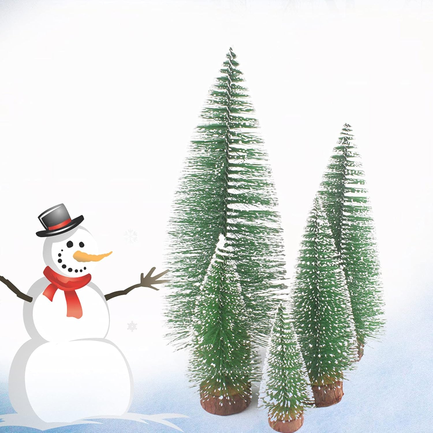 12 piezas de mini árboles artificiales de nieve de sisal de Navidad de pino en miniatura con base de madera, botella, cepillo, árboles de Navidad