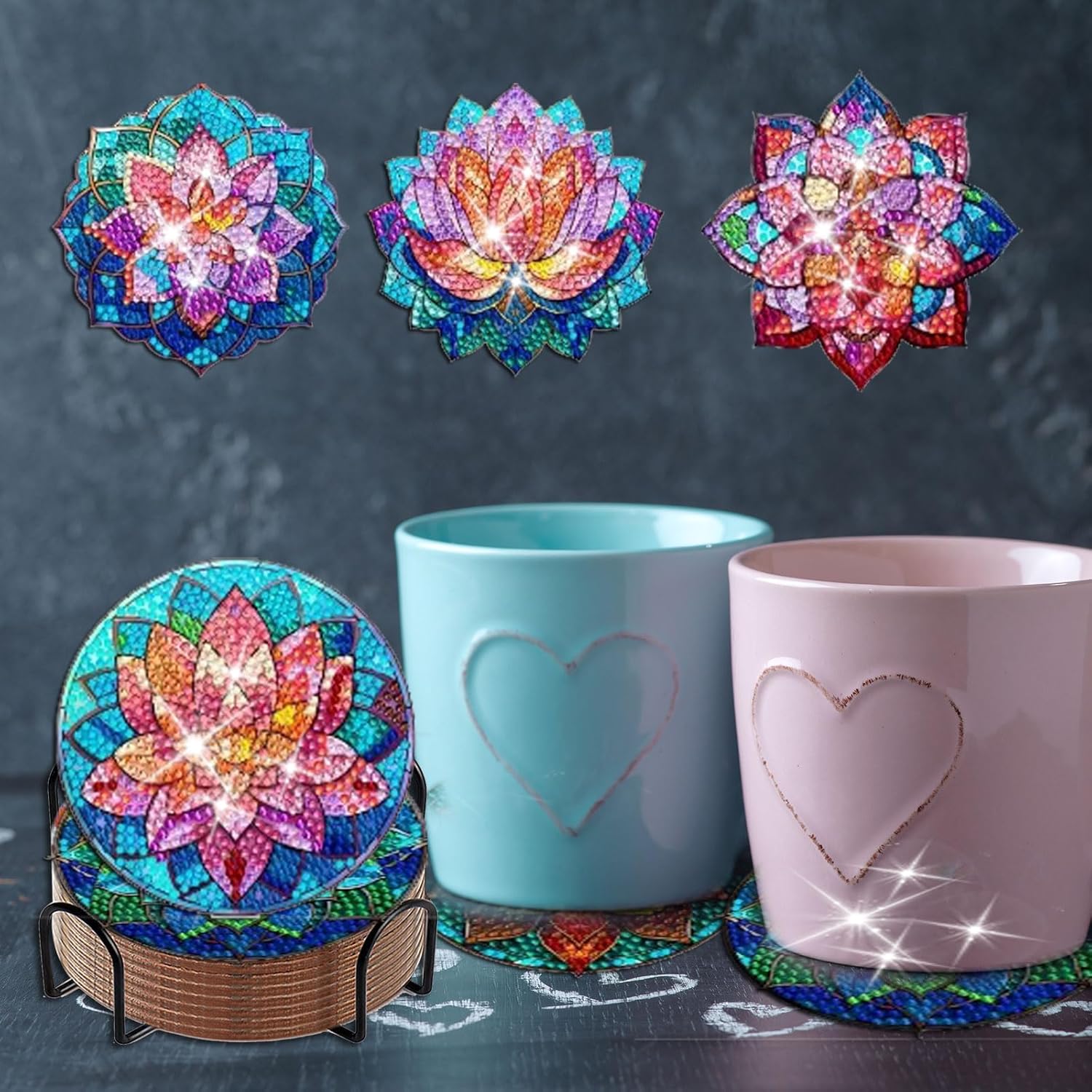 8 posavasos de diamante de loto con soporte para bricolaje, bonitos posavasos de arte de diamante de loto 5D con almohadillas de corcho para