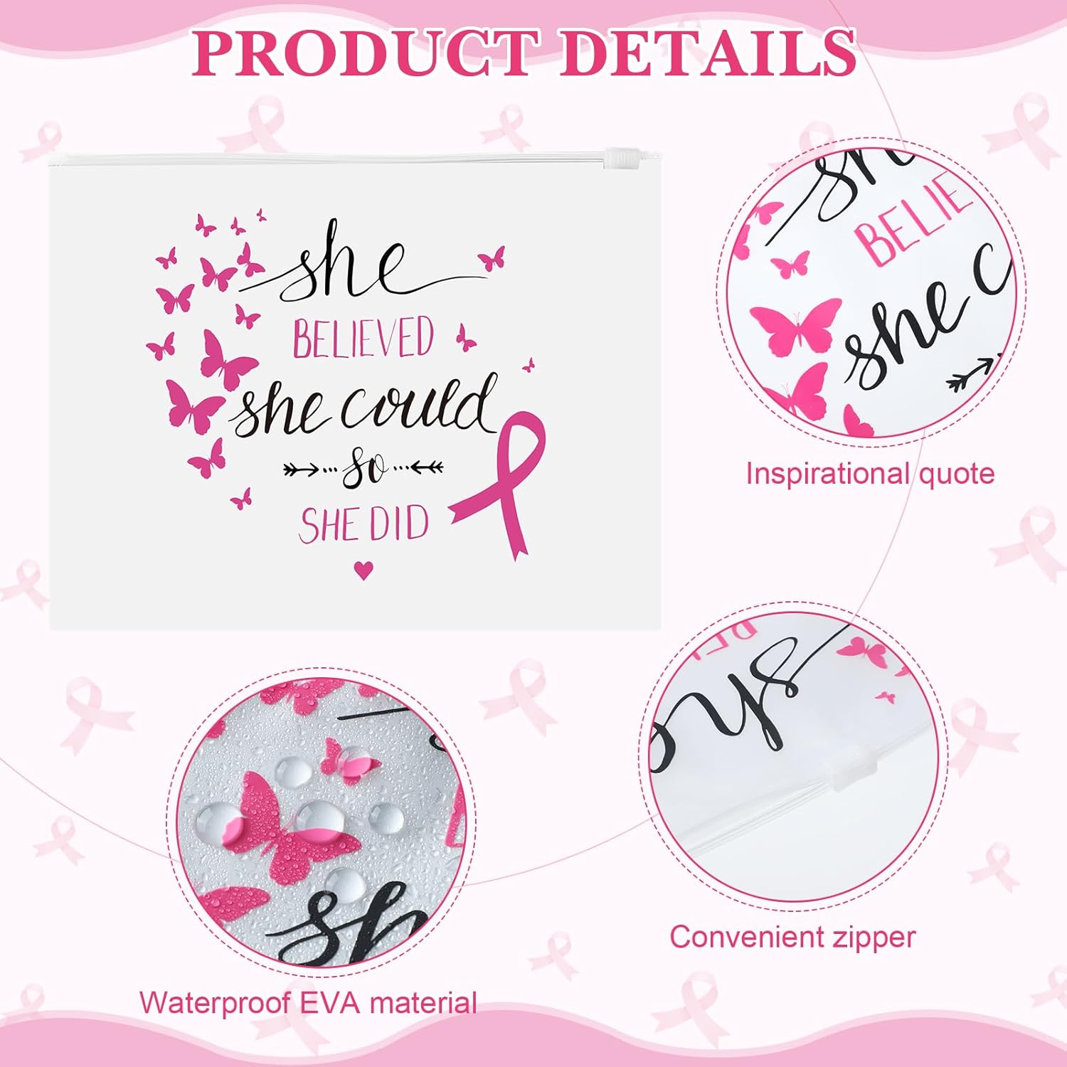 Kajaia 120 bolsas de maquillaje para concientización sobre el cáncer de mama, bolsa de maquillaje para mujeres, bolsa cosmética con cremallera para