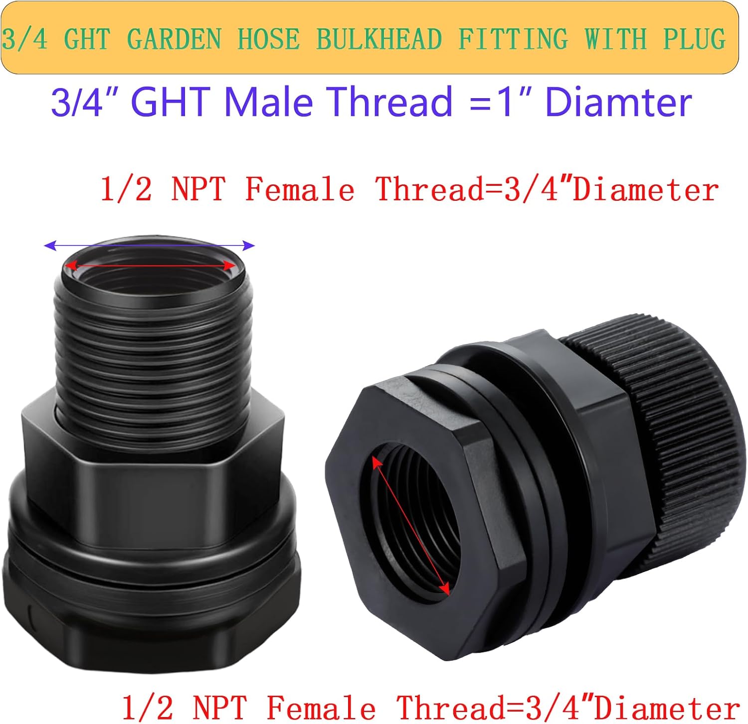 Manguera de jardín de PVC con enchufe, NPT hembra de 12 pulgada, GHT macho de 34 pulgadas (rosca de manguera de jardín), para barriles de lluvia,