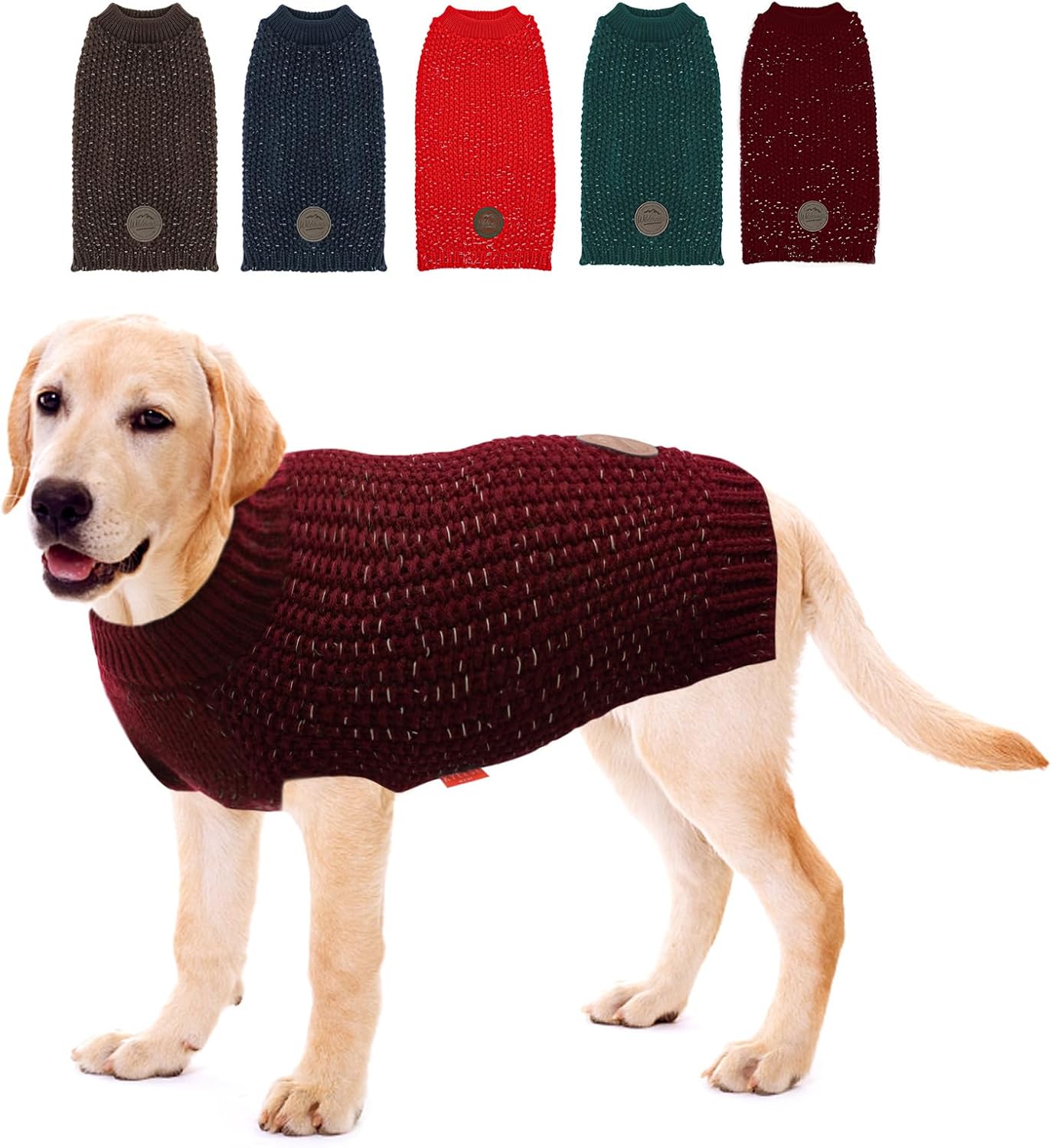 KYEESE Suéteres para perros con agujero para la correa, para perros medianos, suéter pesado con hilo reflectante para otoño e invierno, rojo oscuro,