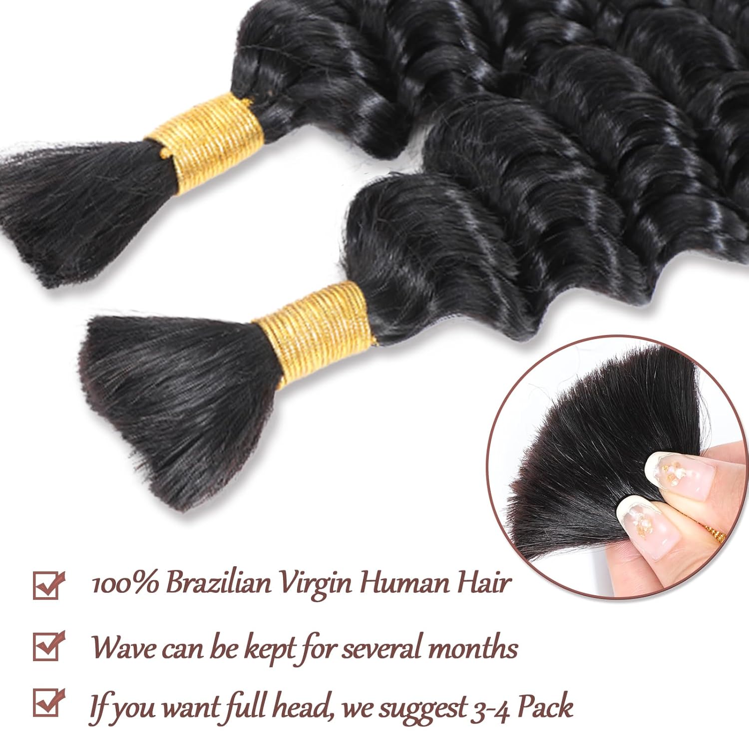 Cabello humano a granel para trenzar cabello humano ondulado profundo para trenzas bohemias, cabello rizado, sin trama, 2 trenzas por paquete, 3.53