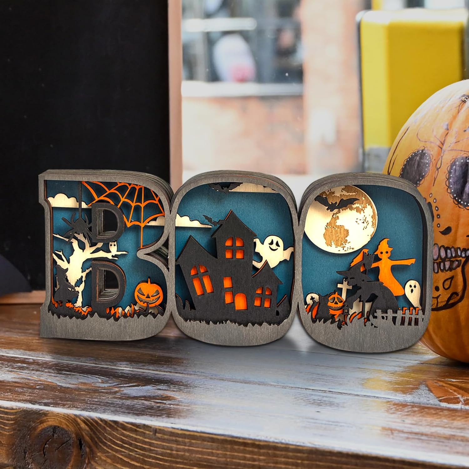 Letrero de madera para Halloween, adornos de madera tallada con luces LED, lámpara decorativa de madera para decoración de fiesta de mesa
