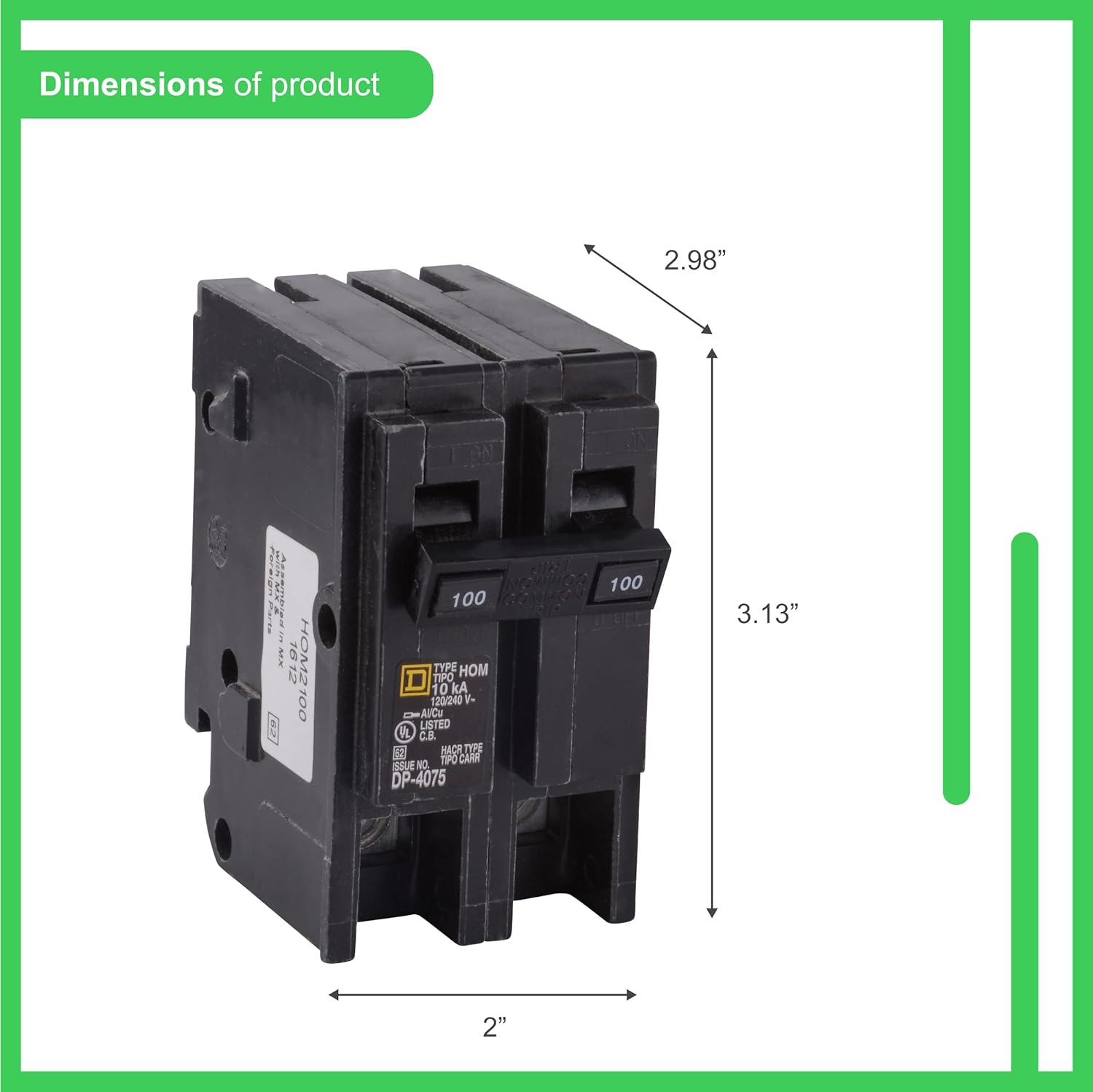 Square D by Schneider Electric HOM2100CP Disyuntor de 100 amperes, de dos polos, para el hogar.