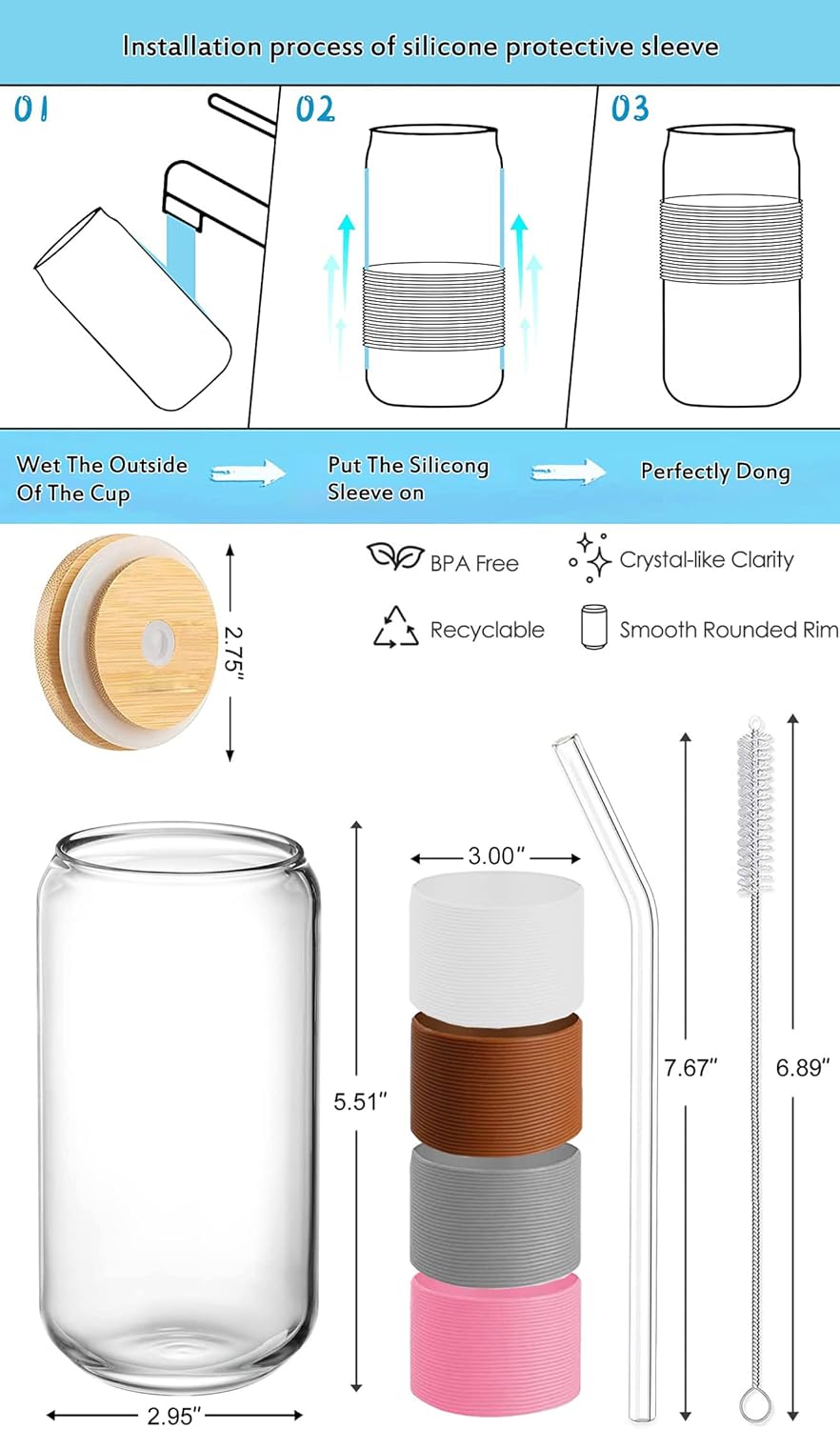 4pcs Set glass cups with Bamboo Lid And Straw – 16oz Can Shaped Drinking Glass Set, Iced Coffee Mug, Cute Tumbler Cup, Whiskey, Cocktail, Water-