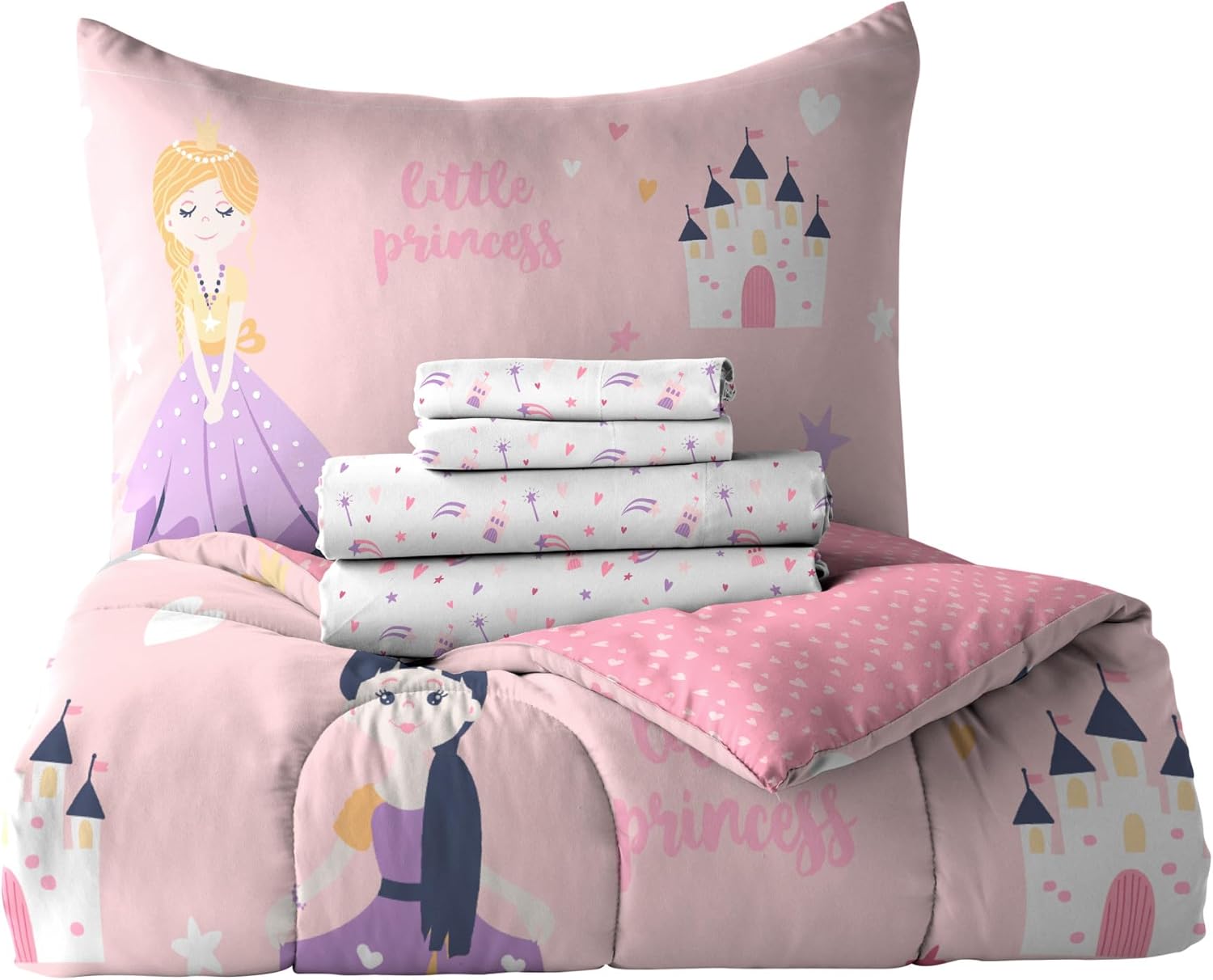 Dream Factory Juego de cama completo de 7 piezas para niños, de microfibra súper suave, fácil de lavar, tamaño matrimonial, princesa rosa
