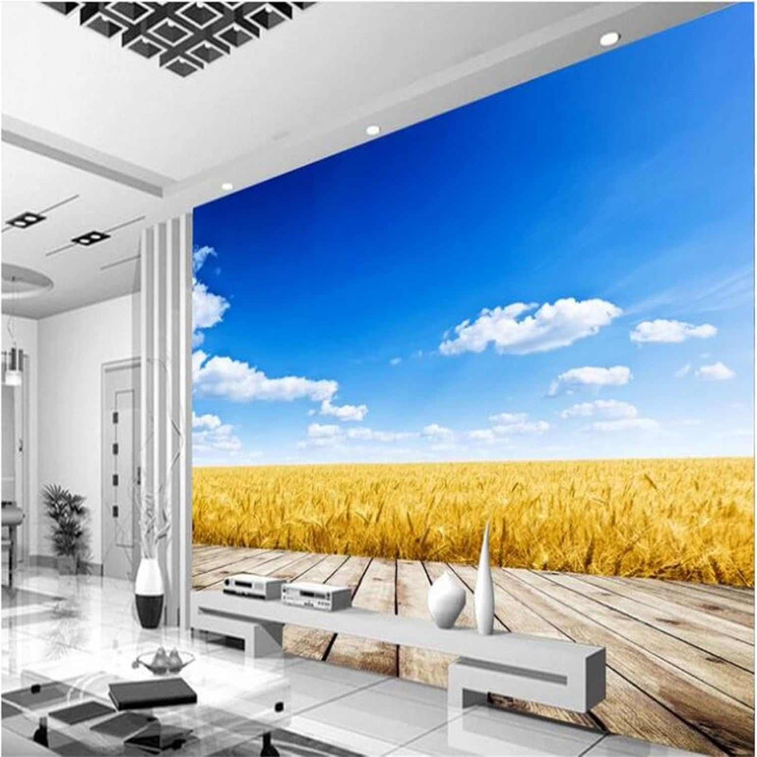Papel tapiz de campo de trigo dorado, nubes blancas cielo, mural de pared grande 3D, autoadhesivo extraíble para despegar y pegar, calcomanía de