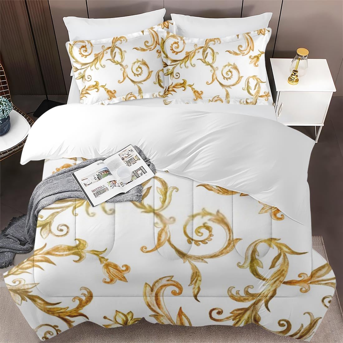 Juego de edredón tamaño King, edredón suave floral vintage dorado real para niños y adultos, juego de ropa de cama de lirio medieval de tulipanes
