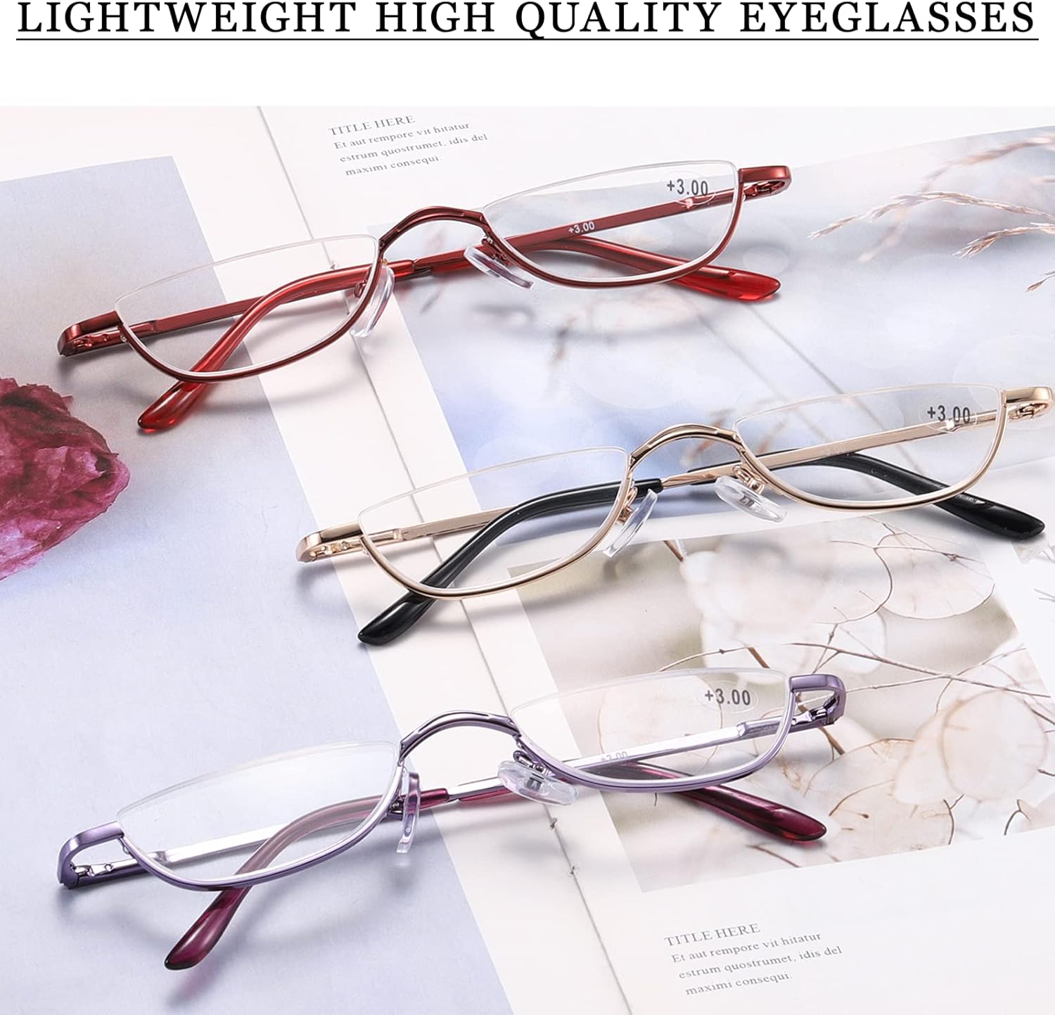 Gafas de lectura de medio marco para mujeres y hombres, lentes de media luna, lentes de metal para lectores de lente de media luna, paquete de 3