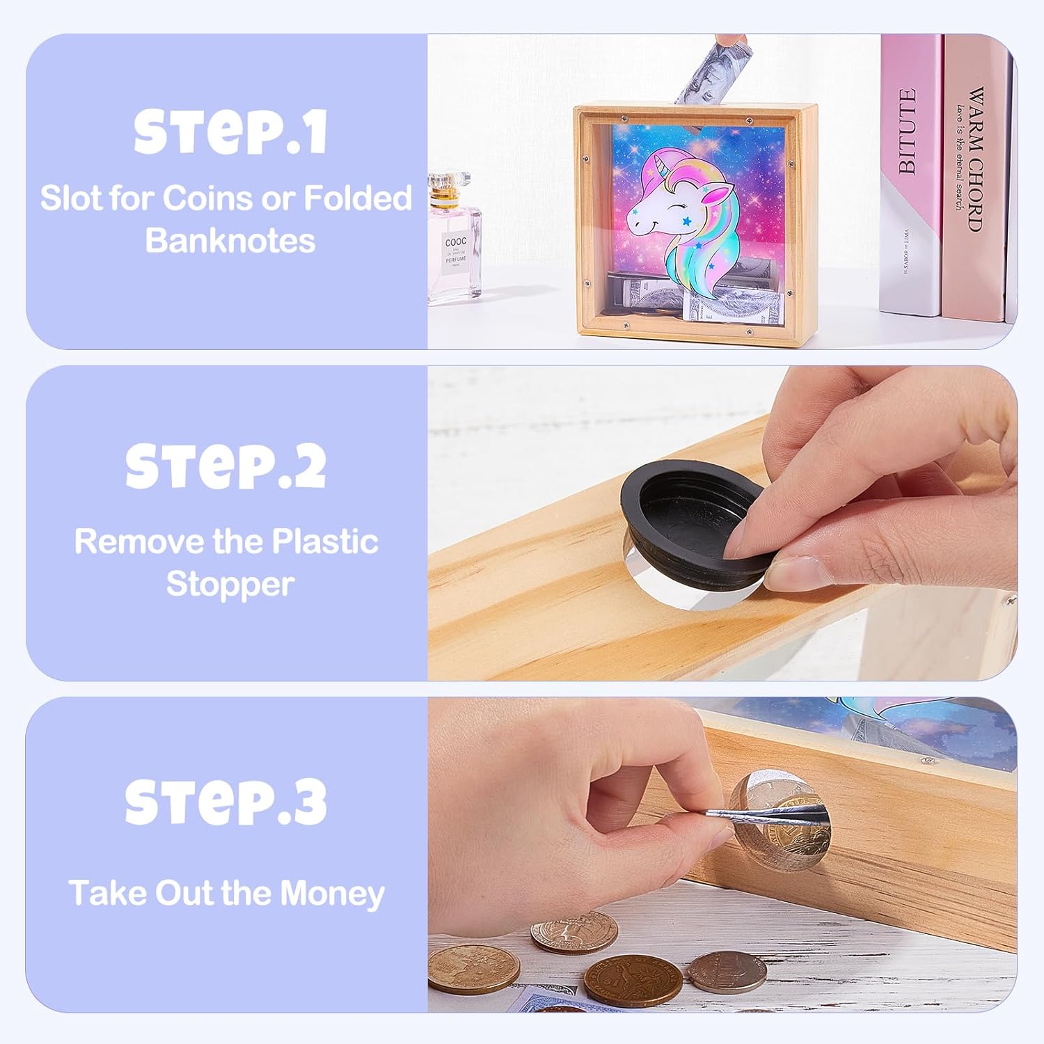 Hedgeink – Hucha para niñas, alcancía de unicornio para dinero, con calcomanías del alfabeto (fucsia azul)
