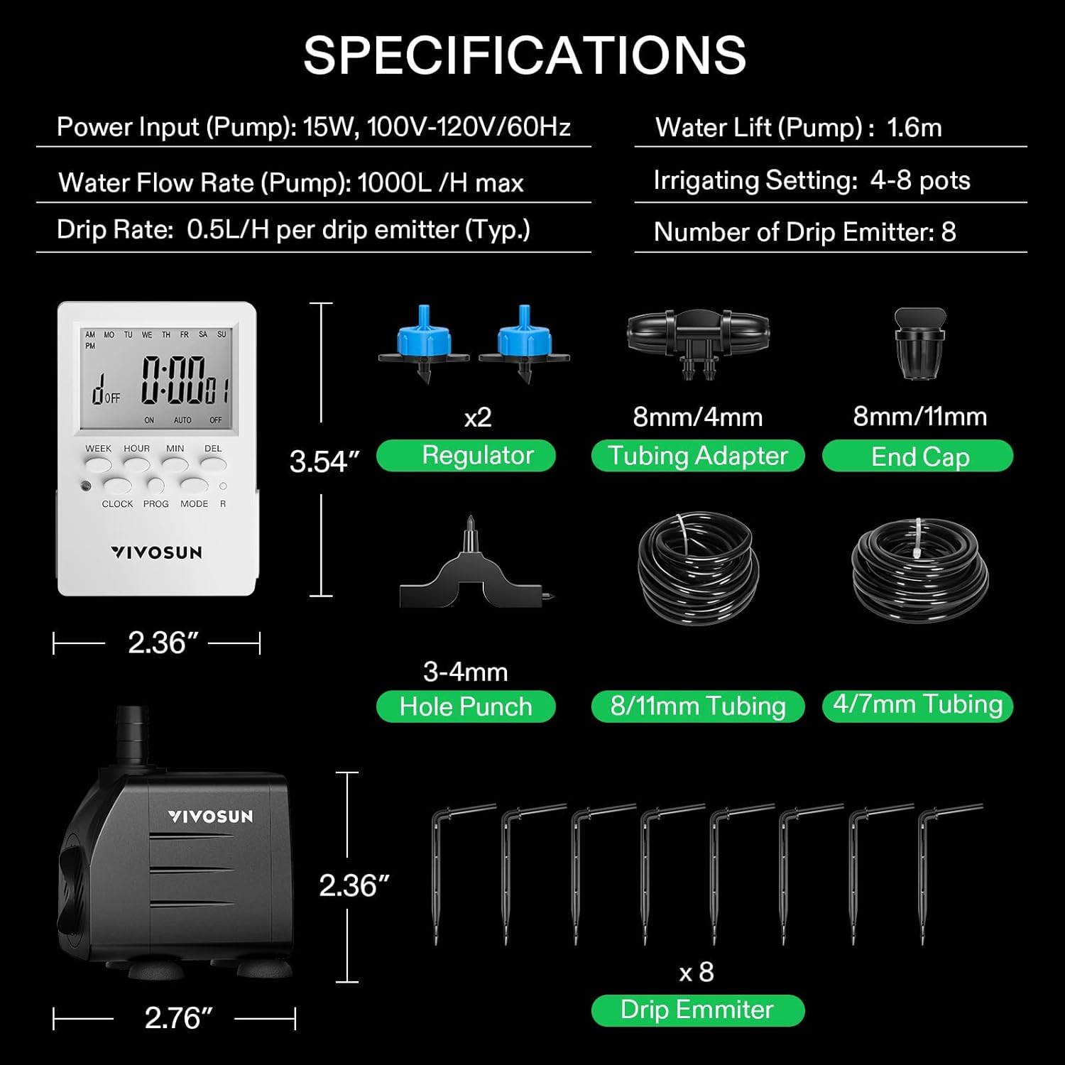 VIVOSUN Kits de riego por goteo automático profesional, salida de 15 W, kit de cultivo profesional todo en uno, incluye bomba, temporizador y
