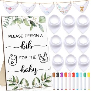 Qunclay Juego de 36 baberos para baby shower, diseño de babero para bebé, 25 baberos blancos en blanco para bebé, 1 letrero de babero de madera, 10 Qunclay Juego de 36 baberos para baby shower, diseño de babero para bebé, 25 baberos blancos en blanco para bebé, 1 letrero de babero de madera, 10