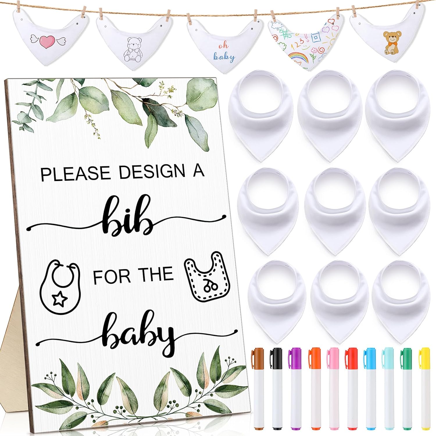 Qunclay Juego de 36 baberos para baby shower, diseño de babero para bebé, 25 baberos blancos en blanco para bebé, 1 letrero de babero de madera, 10