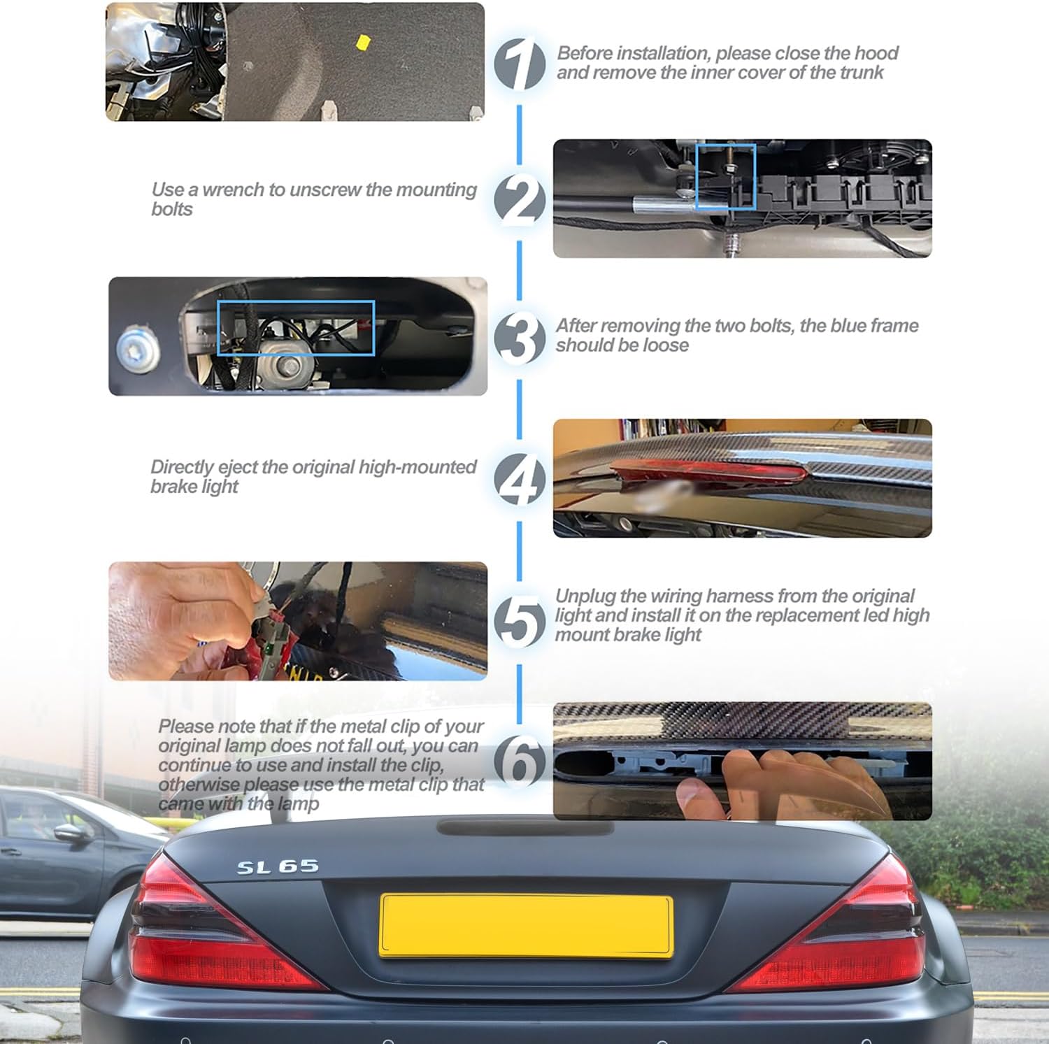 NSLUMO Tercera luz de freno LED de repuesto para Mercedes R230 2007-2012 Benz SL550 AMG 2003-2006 SL500 SL55 AMG Tira roja LED 3er centro de freno
