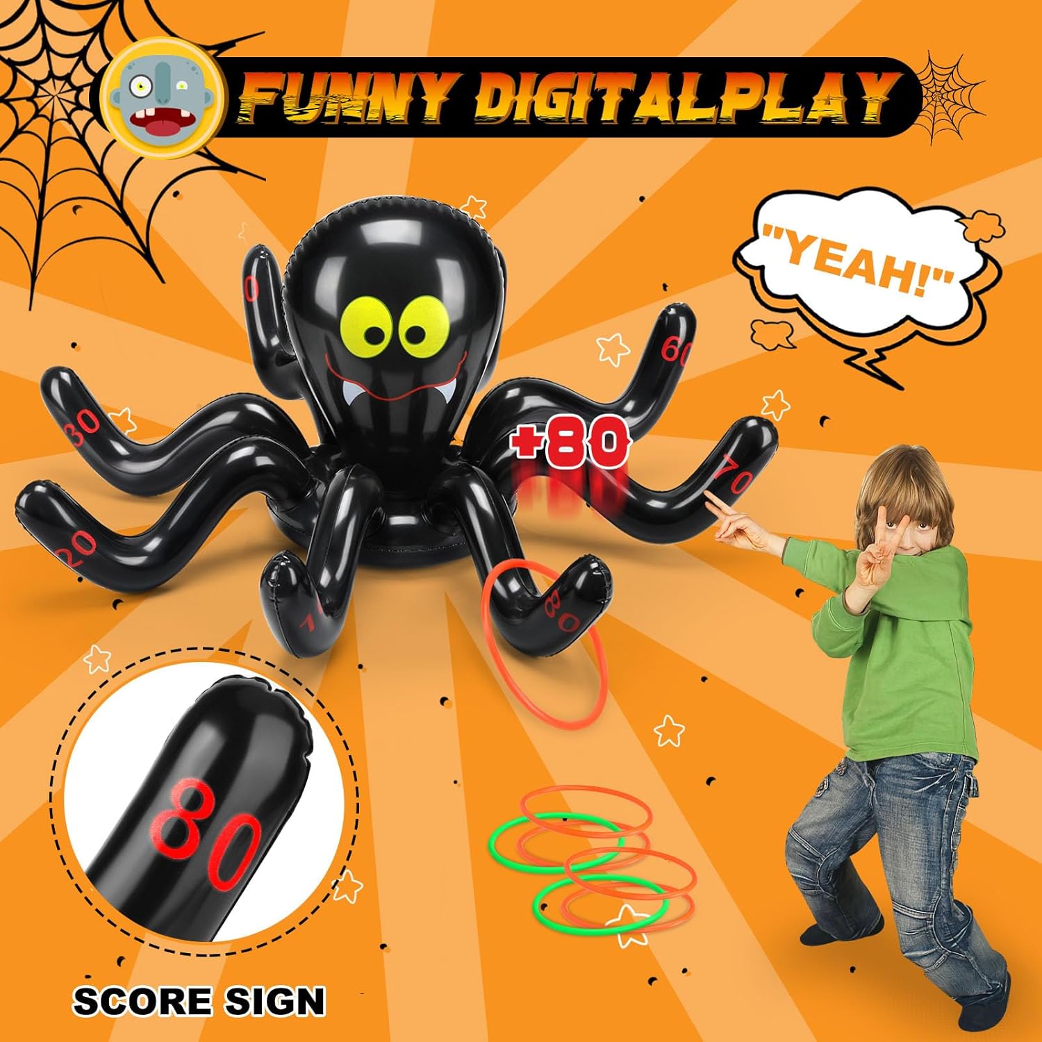 Narremcoy Halloween Inflatable Ring Toss Game with Score Sign – Premium Witch Hat Spiders Ring Toss Game for Halloween Indoor Outdoor Garden School