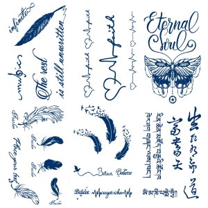 Tatuaje semipermanente de plumas de mariposa, 6 hojas de larga duración de 1 a 2 semanas, tatuajes temporales de letras chinas inglesas, 100% tinta Tatuaje semipermanente de plumas de mariposa, 6 hojas de larga duración de 1 a 2 semanas, tatuajes temporales de letras chinas inglesas, 100% tinta